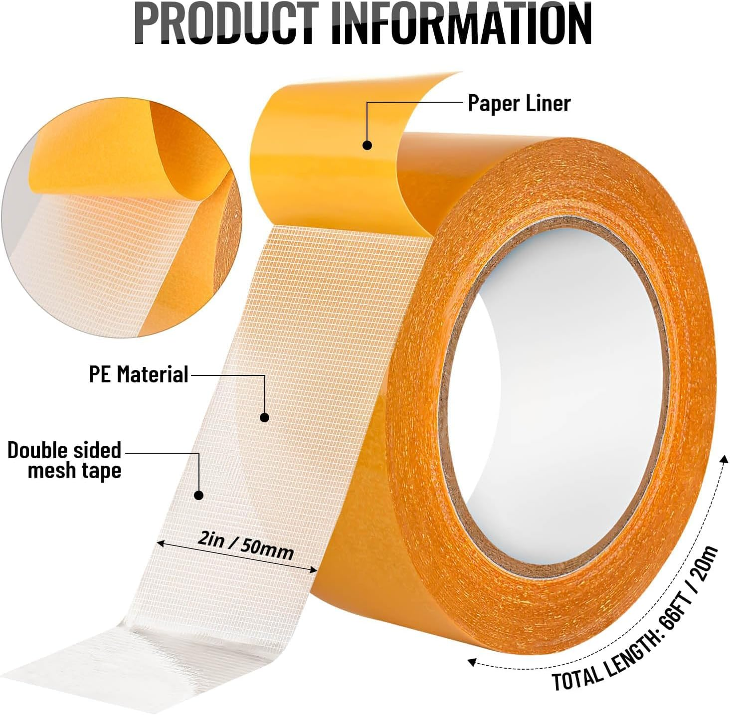Strong Adhesive Double-Sided Mesh Tape, 2 in &times; 66 FT (20M) High Sticky Clear Tape, Fabric Tape Heavy Duty for Fixing Carpet, Rug, Cushion, Poster, DIY Crafts image number 2
