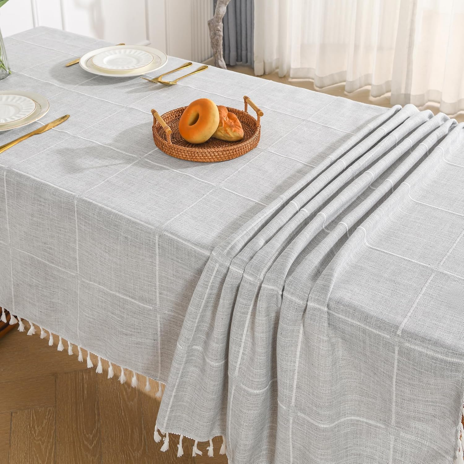 Oubonun Cotton Linen Rectangular Tablecloth - Wrinkle Resistant & Waterproof - Machine Washable Table Cloth with Tassels for Kitchen & Dining, 55''X102'', 8-10 Seats, Grey