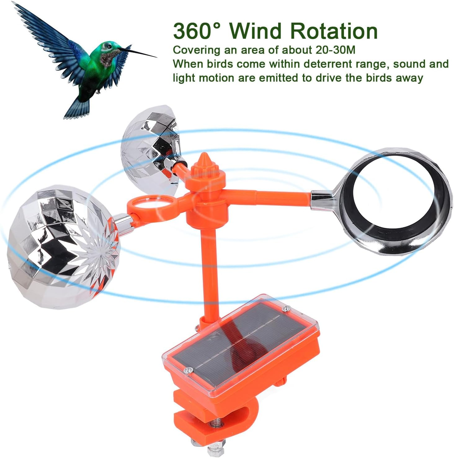 Solar-Powered Voice Bird Deterrent Device with 3 Pieces 360&deg; Wide-Range Reflective Rotating Prisms Cups, 2-In-1 Audio Signals to Scare Birds + Wind-Powered Rotation Mirrors for Outdoor Garden Yard image number 2