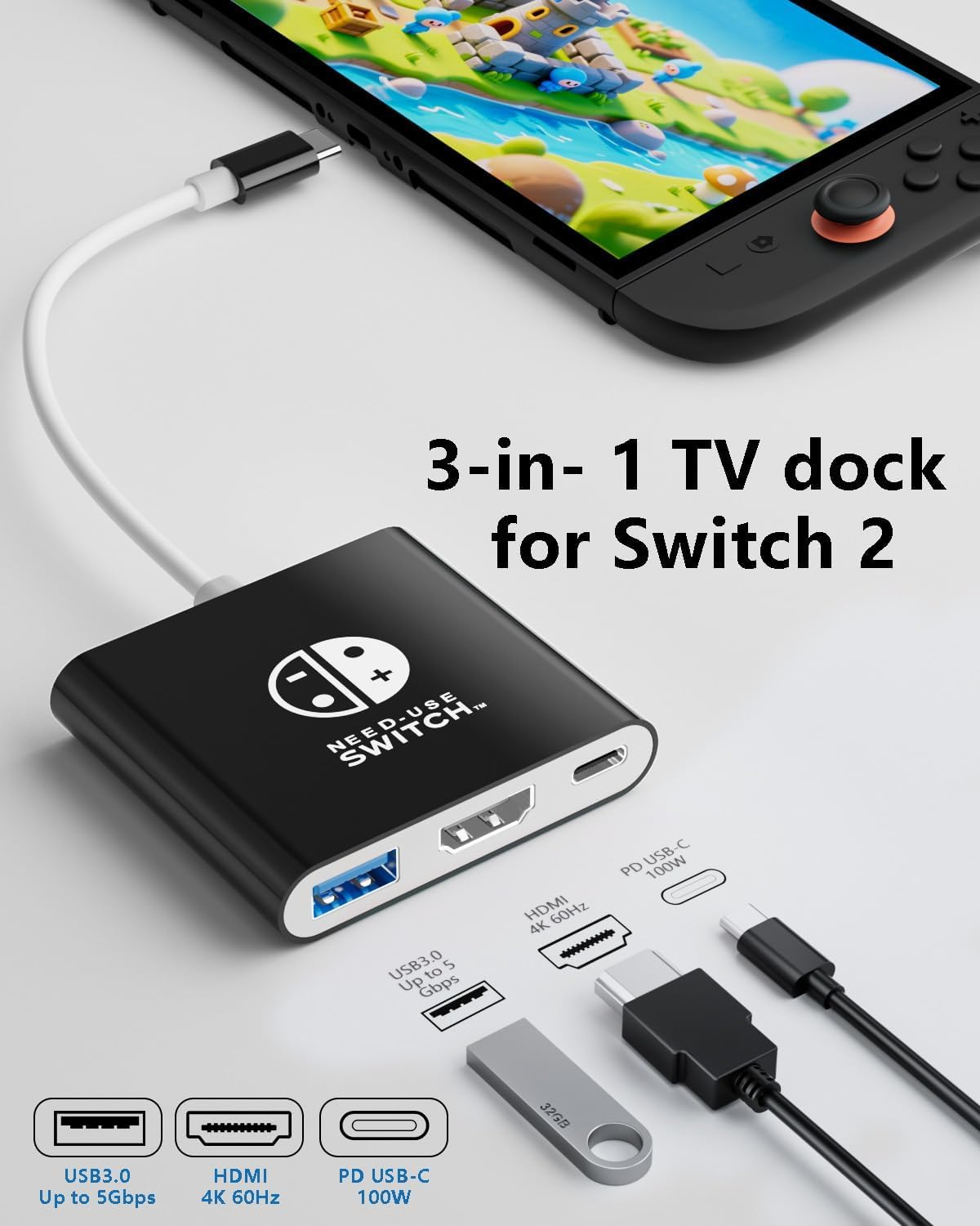 Switch 2 Dock, TV Docking Station for Nintendo Switch 2/Switch Oled/Steam Deck, 4K@60Hz HDMI, 100W PD Charging, USB 3.0 Hub (3-In-1) image number 1