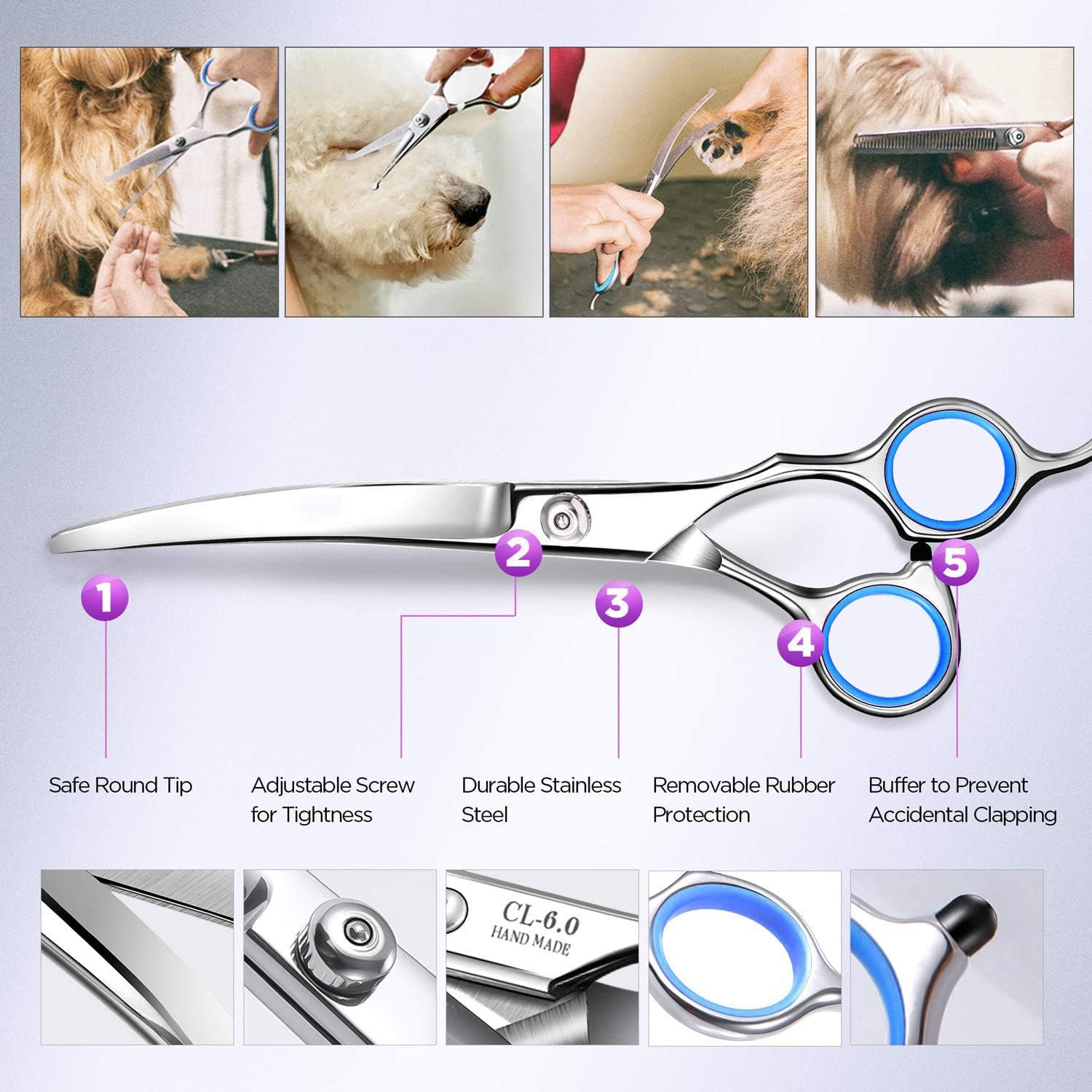 Maxshop Dog Grooming Scissors Kit, Heavy Duty Titanium Stainless Steel Professional Pet Grooming Scissors Kit with Comb, Straight Scissors, Curved Scissors, Thinning Shears for Dogs and Cats image number 5