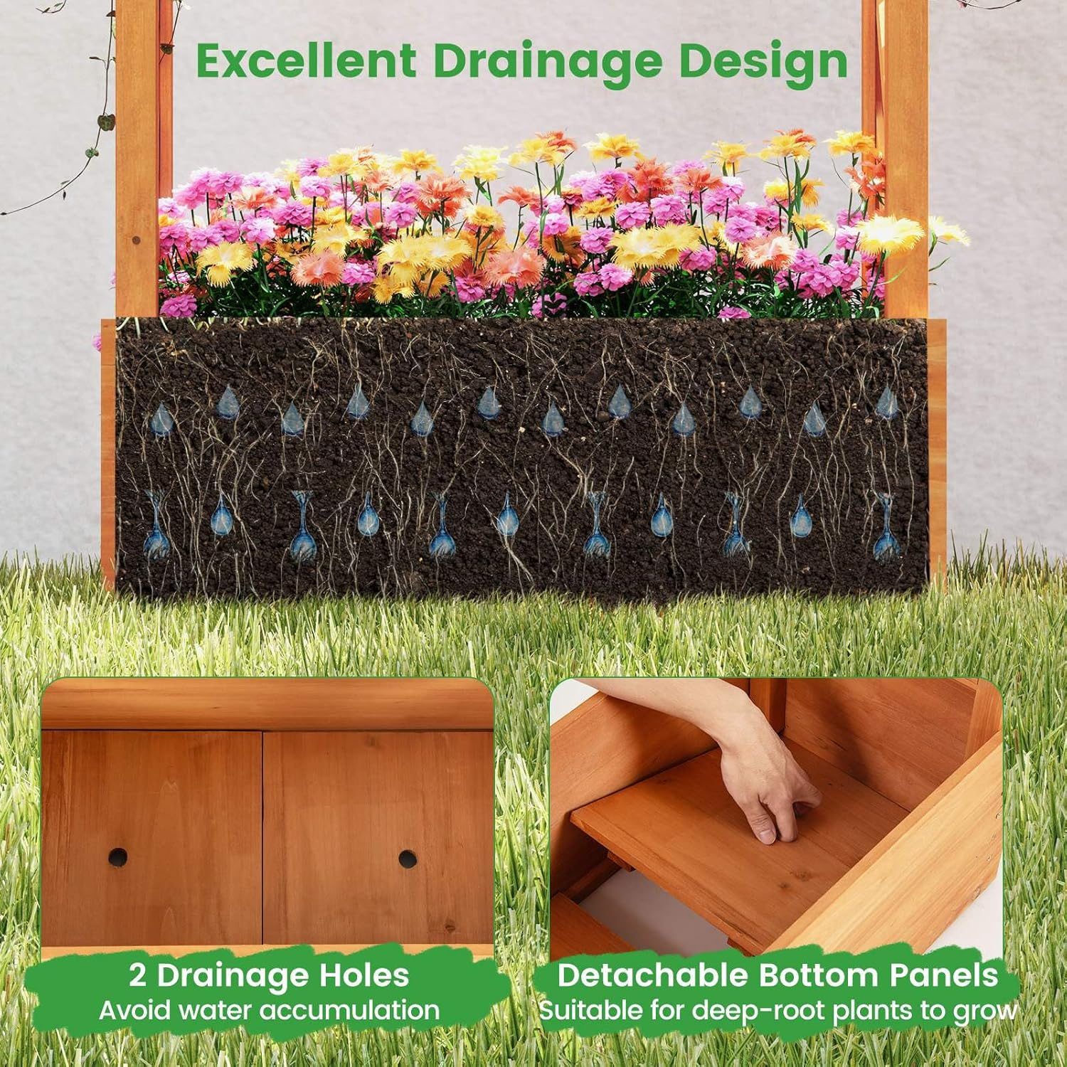 Costway Raised Garden Bed with Trellis, Wood Freestanding Planter Box with Hanging Roof, Drainage Holes for Climbing Plants, Flowers, Vegetables, Indoor Outdoor Planting Bed for Patio Yard - Type 2 image number 4