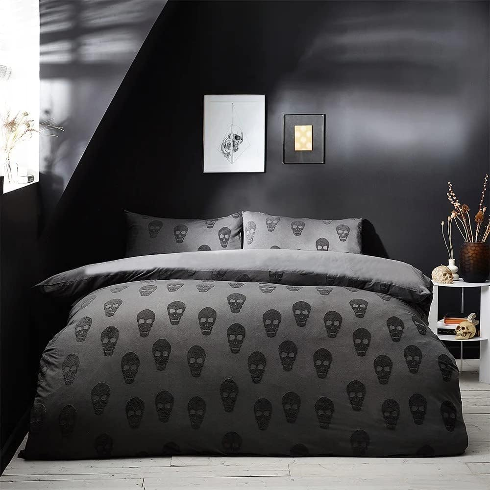 Yard the Linen Skulls Super King Duvet Cover Set, Cotton, Charcoal image number 2