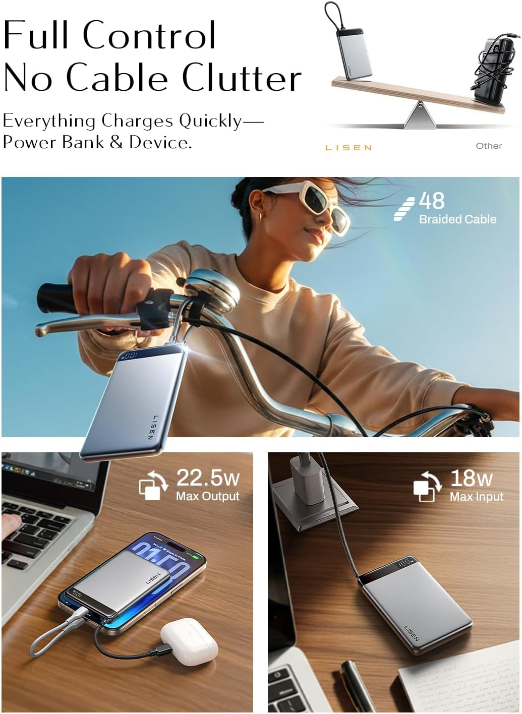 LISEN CCC Certified Power Bank 22.5W Portable Charger, Alloy 0.5" Ultra Slim Powerbank Travel Essentials, Battery Bank with Built-In USB C Cable, 10000Mah Portable Charger for Iphone 17 Pro Max 16 15 image number 1