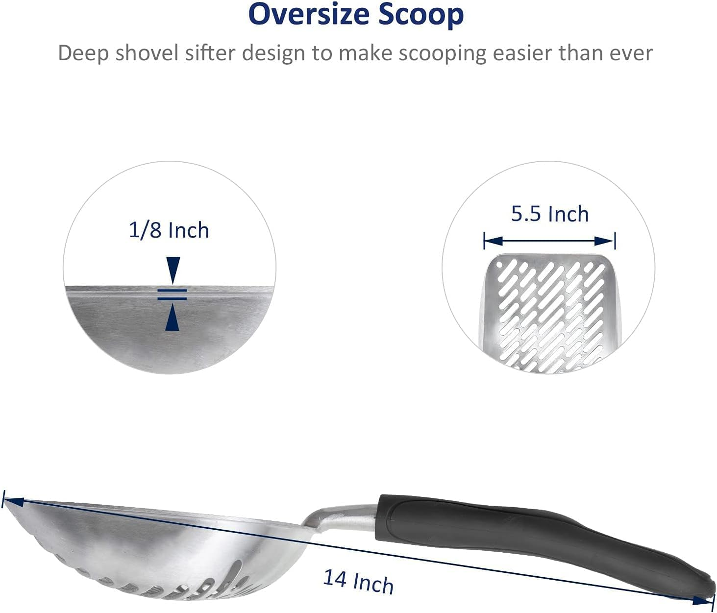Cat Litter Scoop, Aluminum Alloy Sifter, Kitty Metal Scooper, Deep Shovel, Long Handle, Poop Sifting, Kitten Pooper Lifter, for Litter Box, Irregularly Aluminum