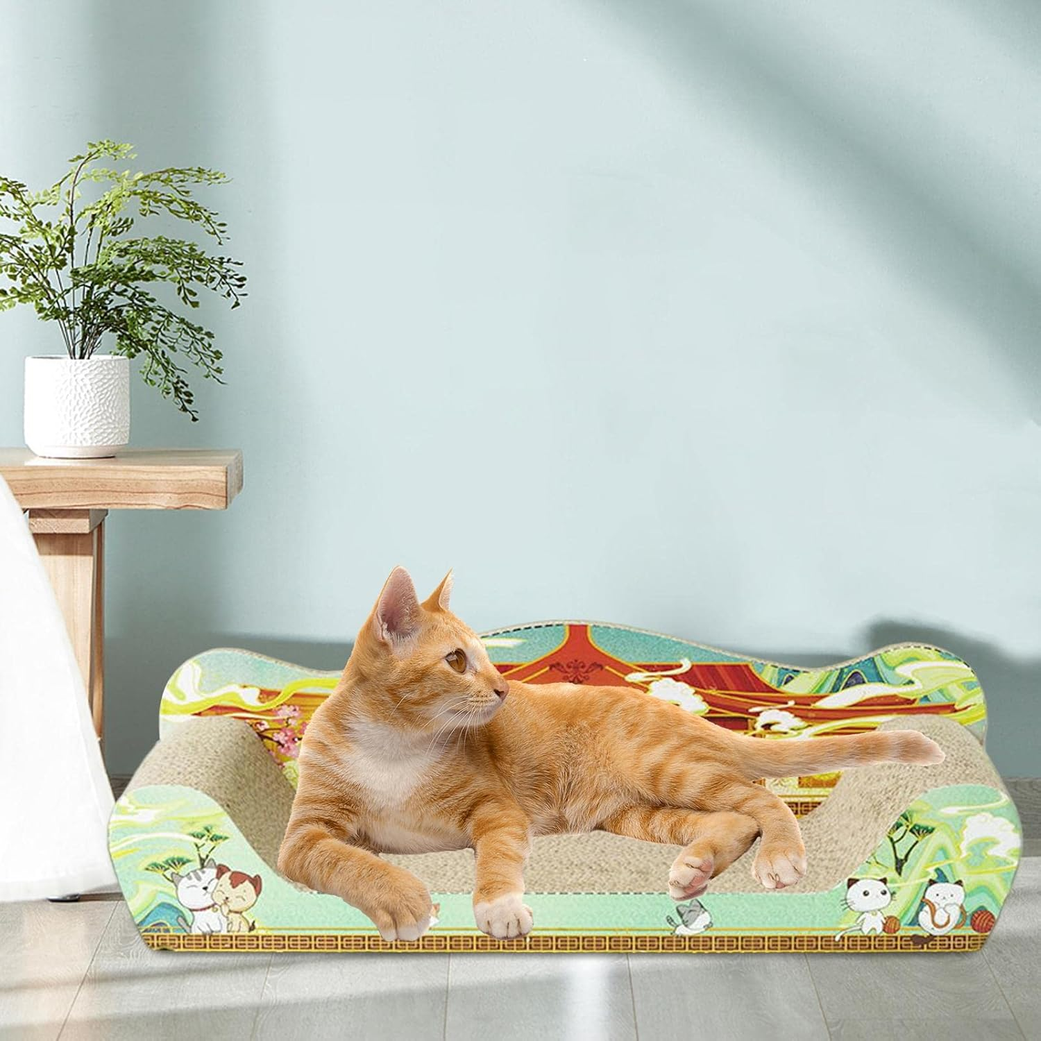 Perfk Cat Scratcher Cardboard Cat Toy Cat Scratch Bed Large Lounge Couch Cat Scratching Board Cat Sofa for Indoor Cats Kittens Play, Green 61Cmx30Cmx18Cm image number 2