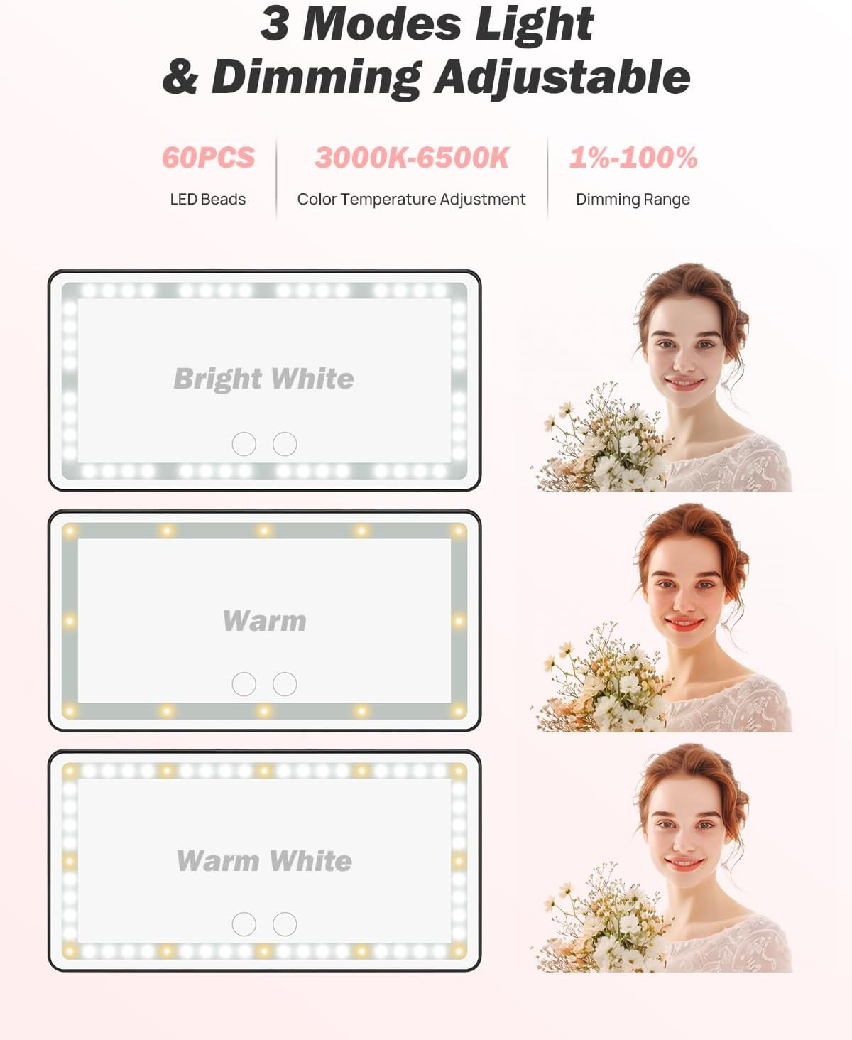 JOYTUTUS Car Sun Visor Vanity Mirror with Lights, 3 Light Modes & 60 Leds, Rechargeable Dimmable Touch Control Travel Makeup Mirror for Truck SUV image number 1