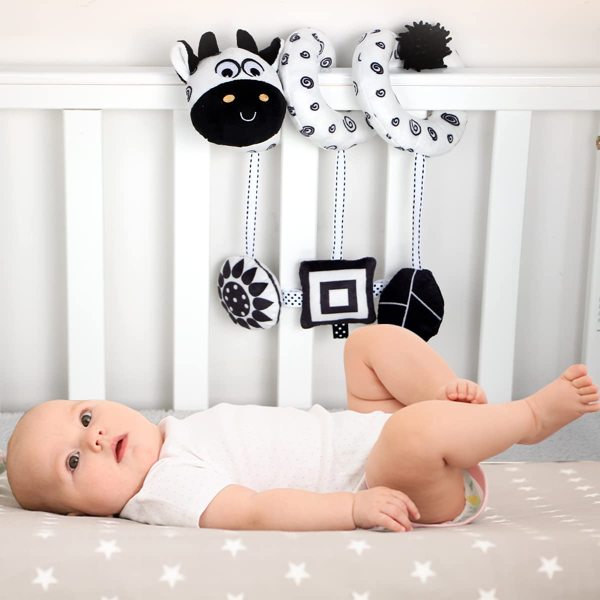 Baby Hanging Stroller Toy, Animal Spiral Plush Circle Activity Car Seat Travel Toys, Black and White Squeak Early Educational Toy for Newborn Boys or Girls image number 5