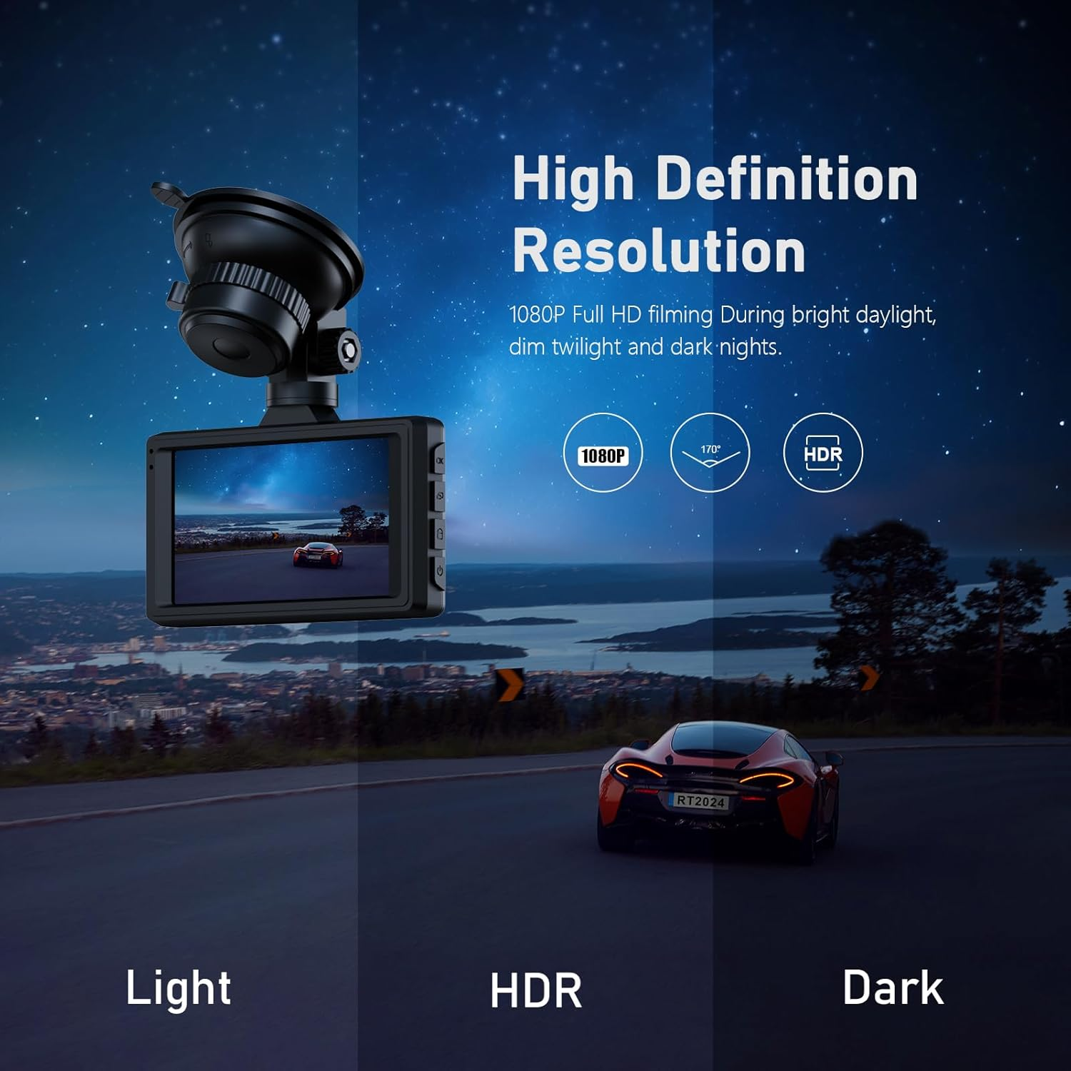 Range Tour Car Dash Cam Front and Rear, 64G Card Included, FHD 1080P Car Camera 170&deg; Wide Angle HDR Driving Recorde image number 1