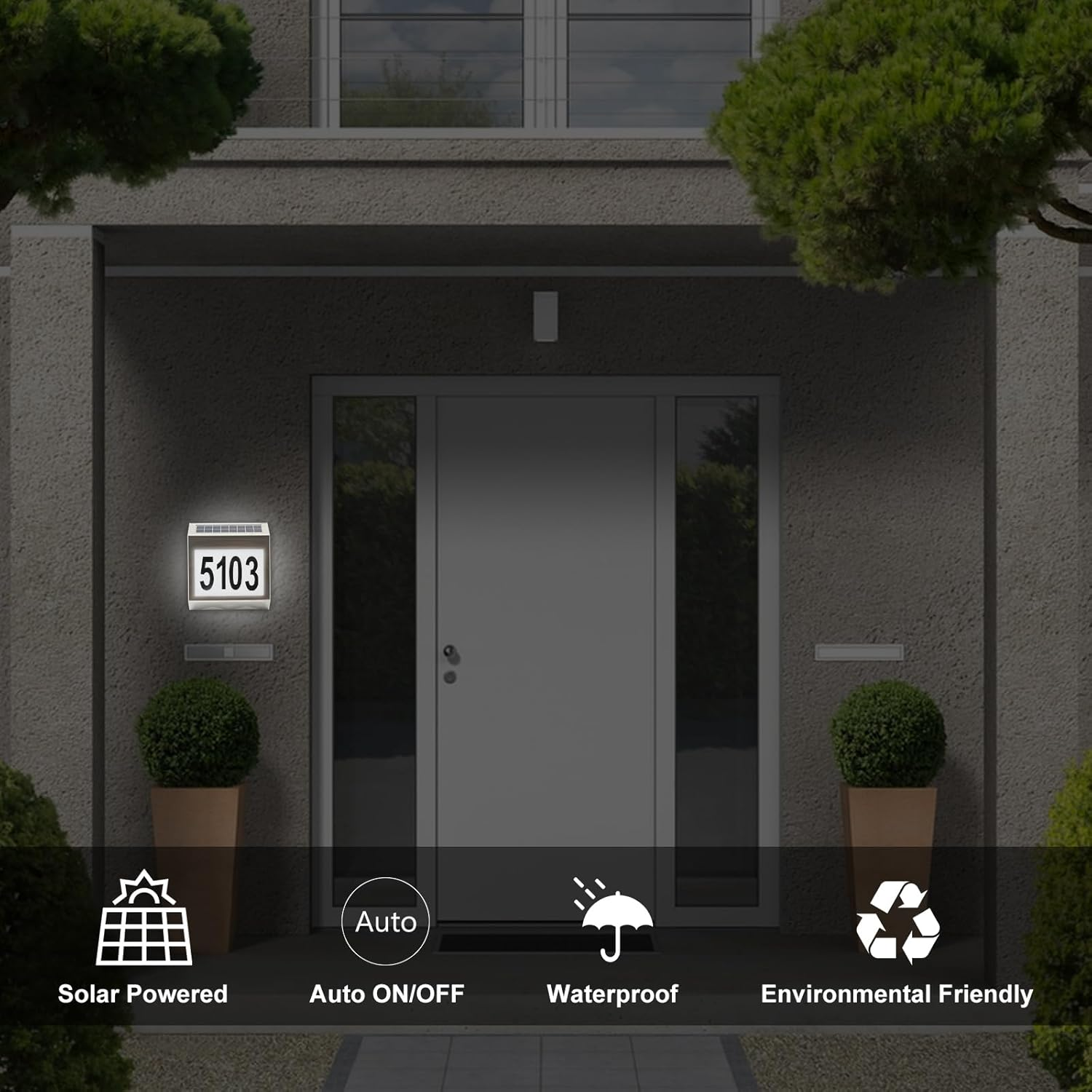 Solar Address House Number Sign, Stainless Steel 4-LED House Number Sign Outdoor Waterproof, Solar House Number Light, Rustproof Street Number Illuminated, Door Sign Mailbox outside Light image number 1