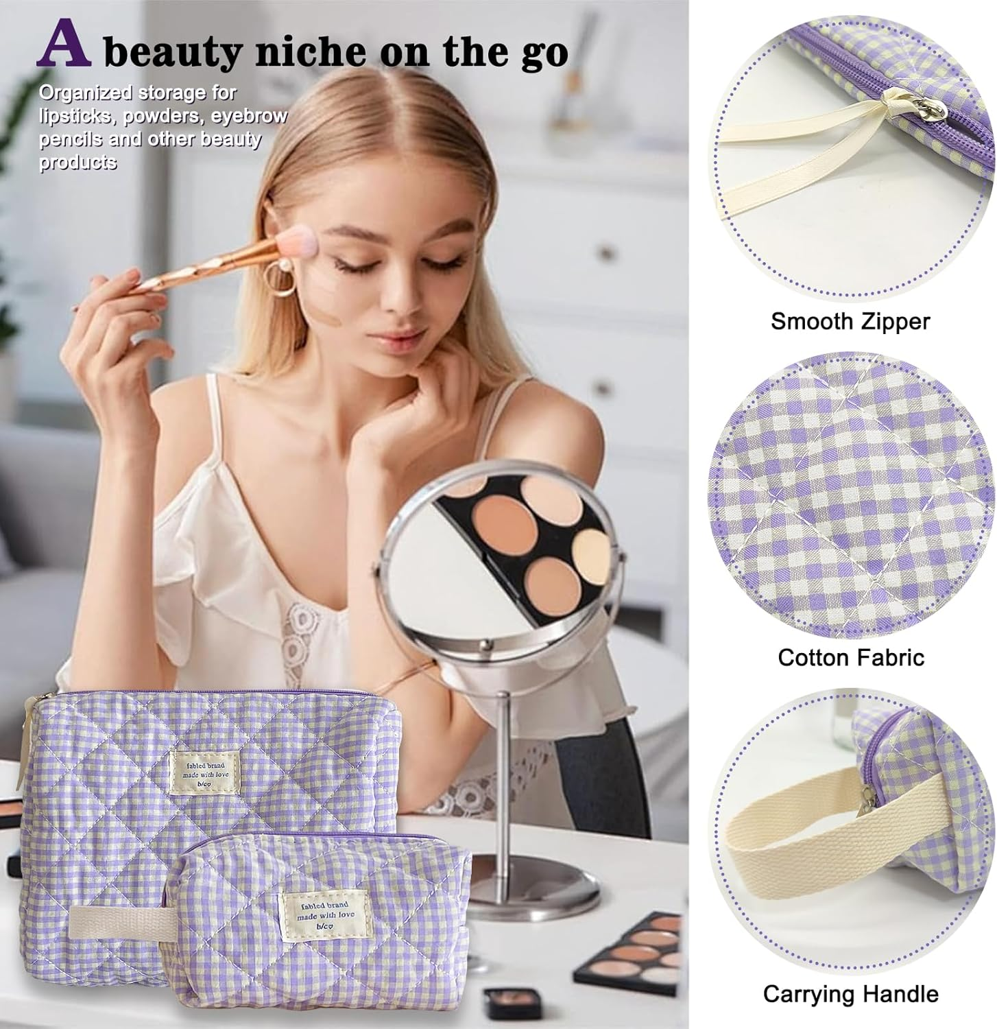 2 Pcs Cotton Quilted Makeup Bag Set,Makeup Brushes Storage Bag,Fashion Sweet Organizer, Cute Travel Toiletry Bag,Women Checkered Design (24Cm+16Cm) image number 6