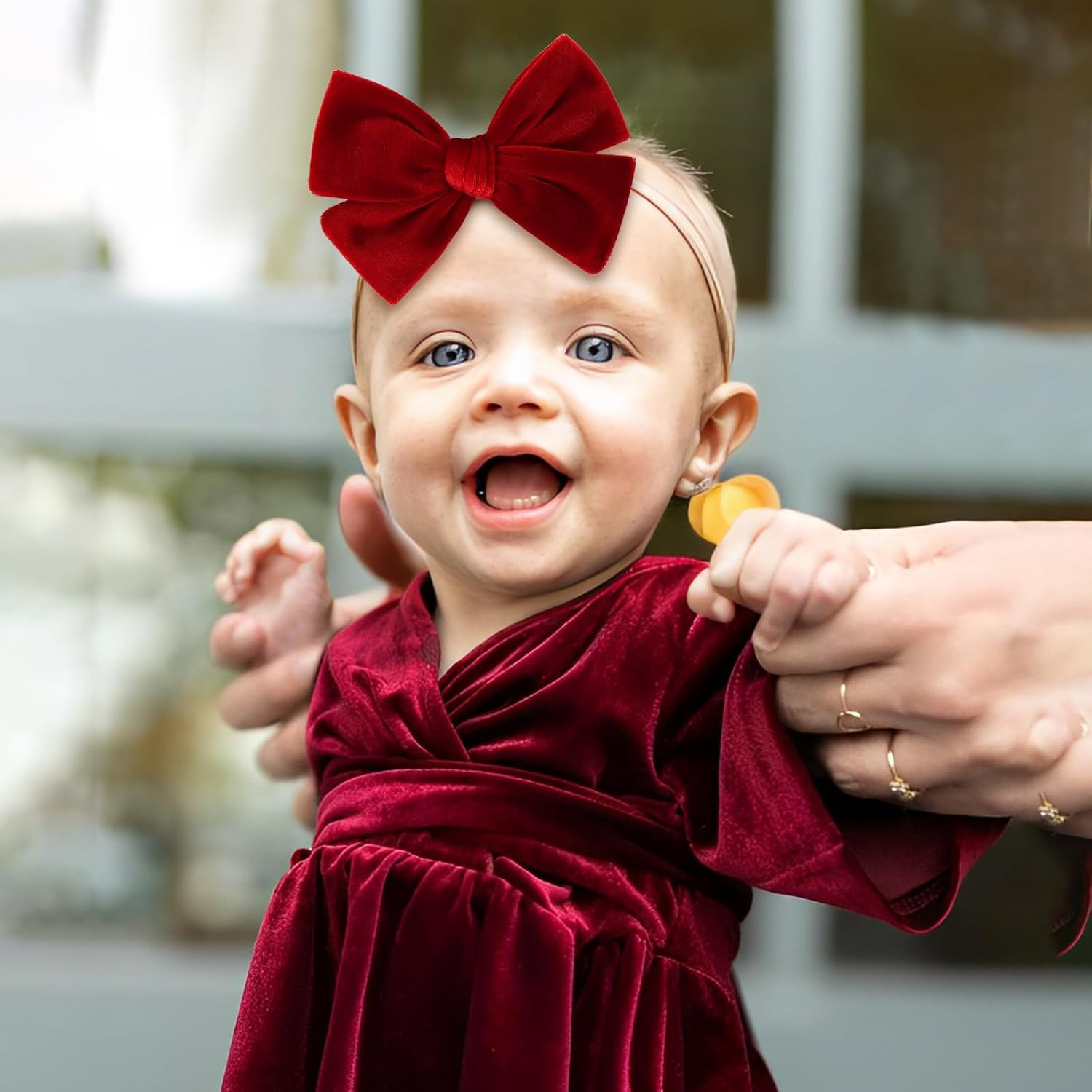 ONENINEDREAM Baby Girls 4" Velvet Hairband Handmade Tied Bow Elastic Nylon Hair Accessories, 3 Pcs Red, Green, Dark Green image number 5