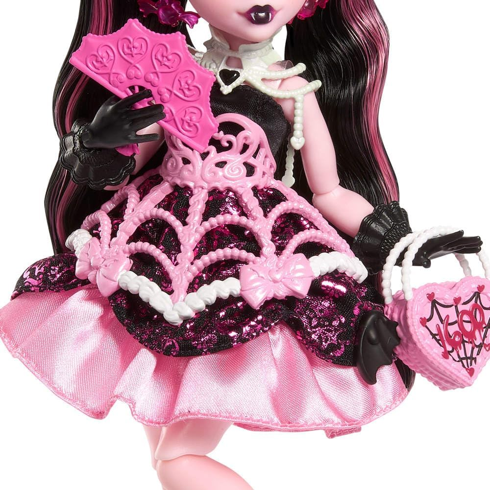 Monster High Scary Sweet Birthday Doll, Draculaura in Pink Party Dress with Themed Accessories like Invite, Balloon, Gift, Fan and More image number 6
