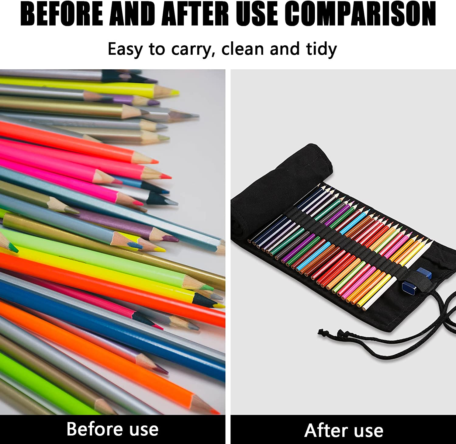 72 Slot Canvas Pencil Roll, Handmade Roll-Up Canvas Pencil Wrap for Artists, Sketchers, Students (Black) image number 4