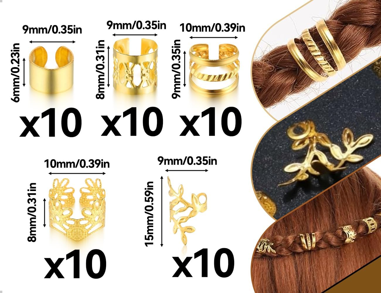 Emezddo Pack of 50 Dreadlocks, Adjustable Metal Cuffs, Hair Accessories, Hair Spiral Clips, Braid Accessories, Used for Men, Women, Girls and Boys (Gold) image number 6