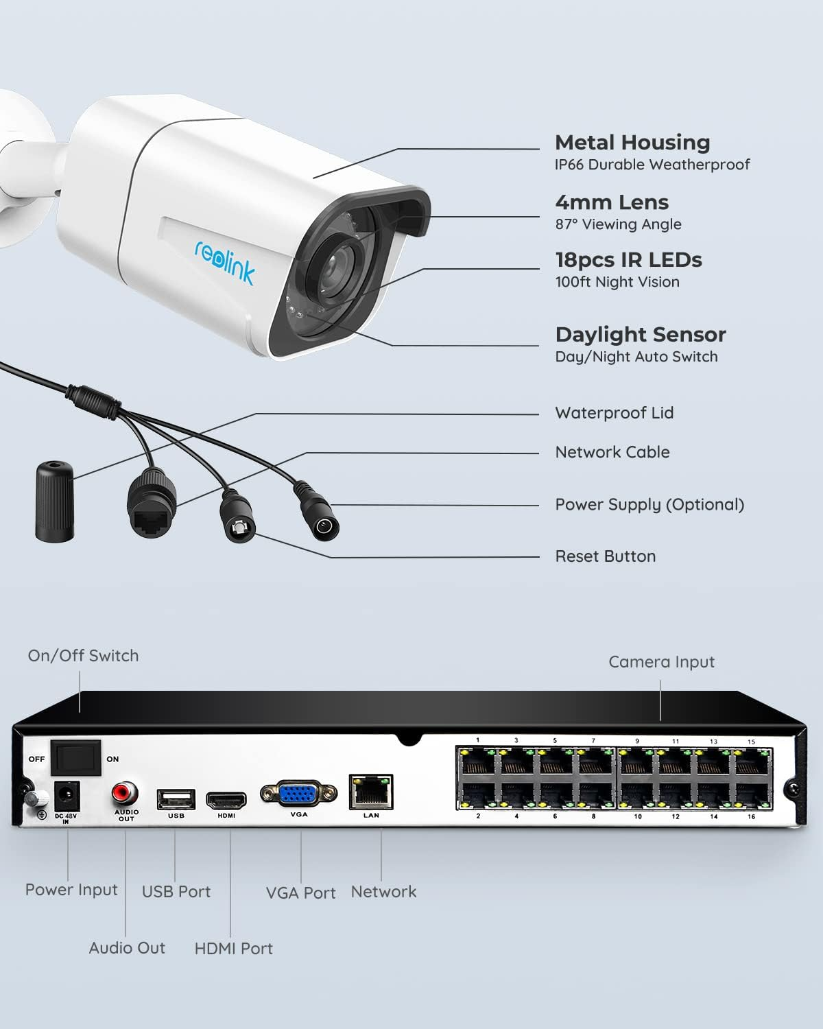 Reolink 4K 16CH Poe Video Surveillance Camera System, H.265, Smart Person/Vehicle Detection, 8Pcs 8MP Poe IP Security Cameras Outdoor with a 4K 16-Channel NVR, 4TB HDD Pre-Installed