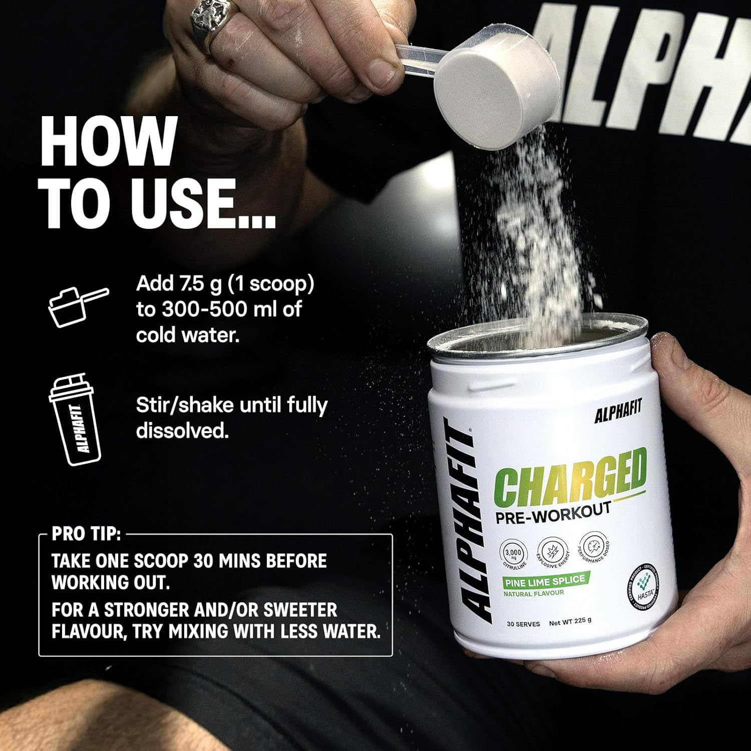 ALPHAFIT Charged Pre-Workout Powder, Pine Lime Splice, Natural Caffeine + Beta-Alanine, HASTA Certified, 225G (30 Serves) image number 5