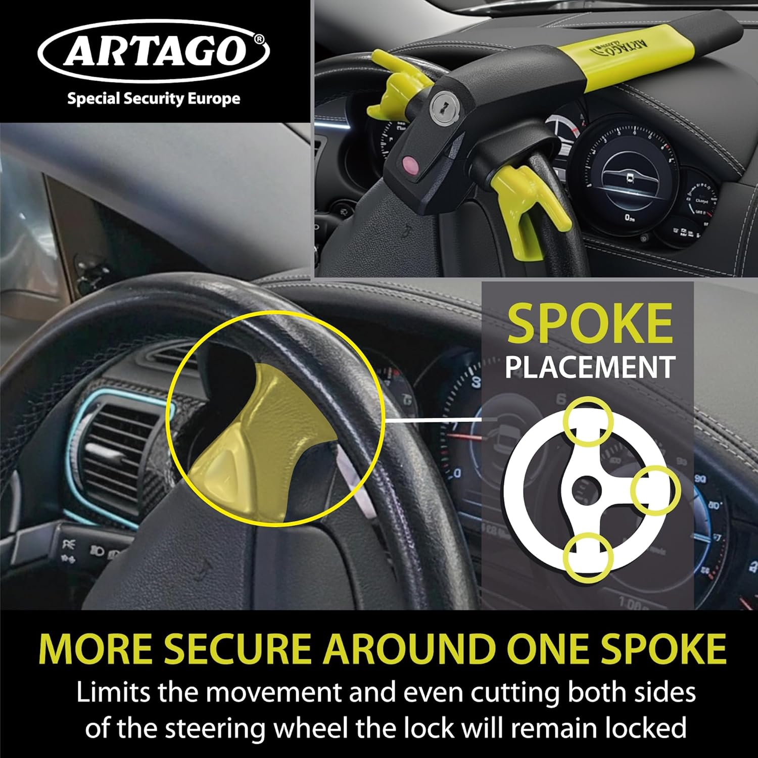ARTAGO 870 High-End Steering Wheel Lock 2In1 without or with 120Db Alarm + Don'T Touch Warning, Visible and Deterrent High Security, Universal anti Theft Bar Locking Device for Car, Truck, Van, Camper image number 4