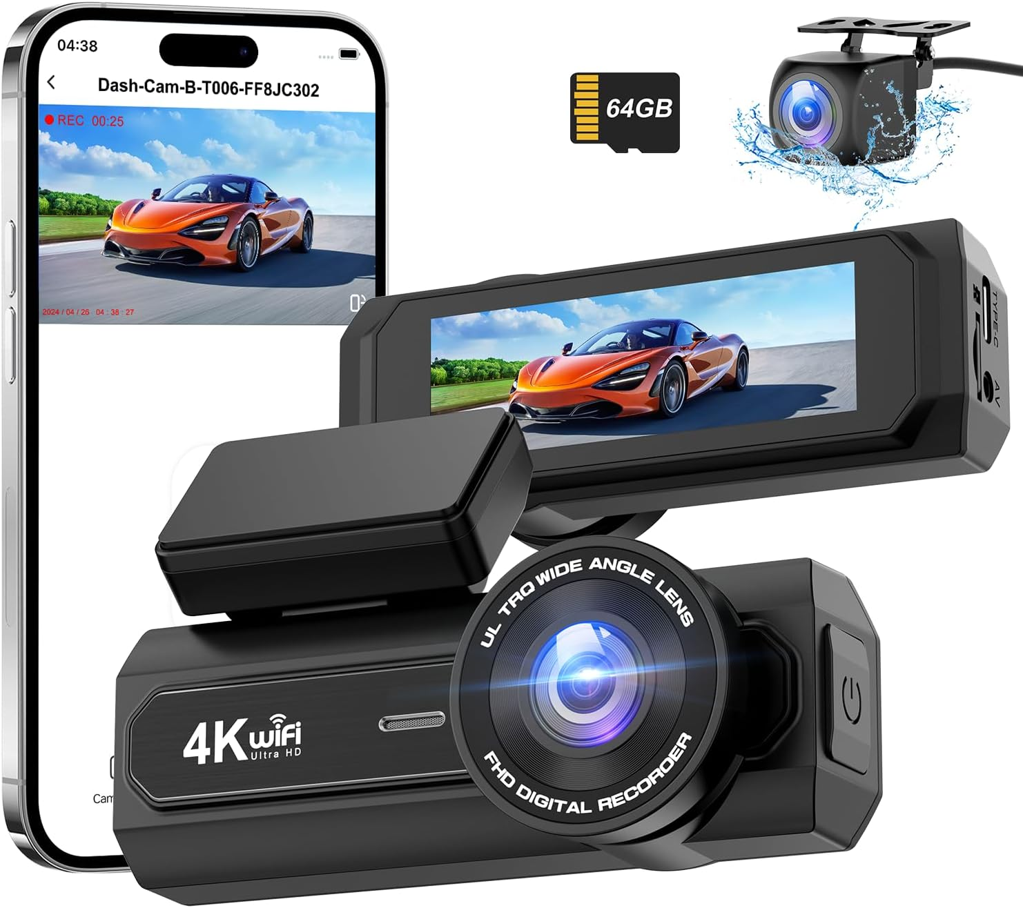 4K+1080P Dash Cam Front and Rear CHORTAU, Wifi Dual Dash Cam with Free 64GB Card, 2.99&rsquo;&rsquo; IPS Dash Camera for Cars, Dashboard Camera with Night Vision, 24/7 Parking Monitor, WDR, APP image number 2