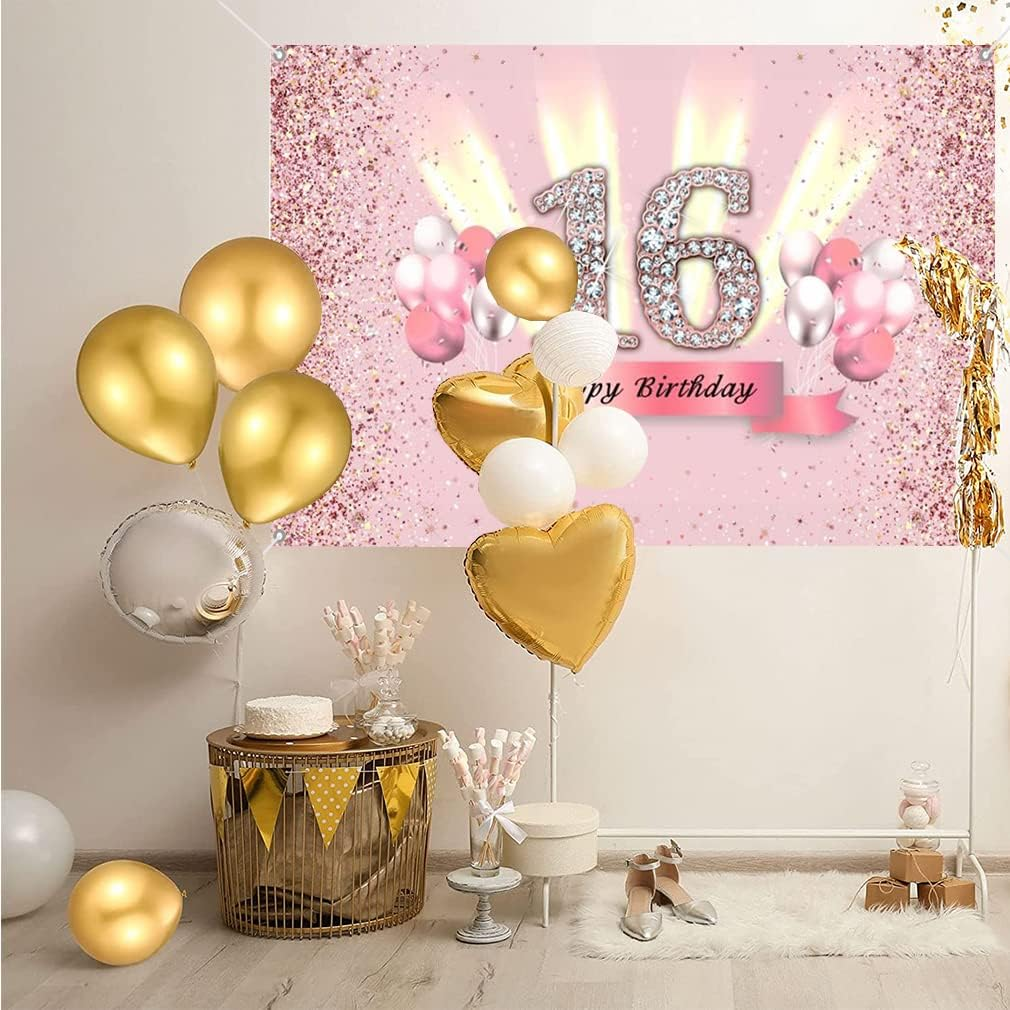 16Th Birthday Decorations for Girls, Backdrop Banner Party Deco Girl 16 Years Old Anniversary Party Fabric Sign Poster Pink Photo Background 16Th Birthday Party Supplies, 59"X35.4" image number 4