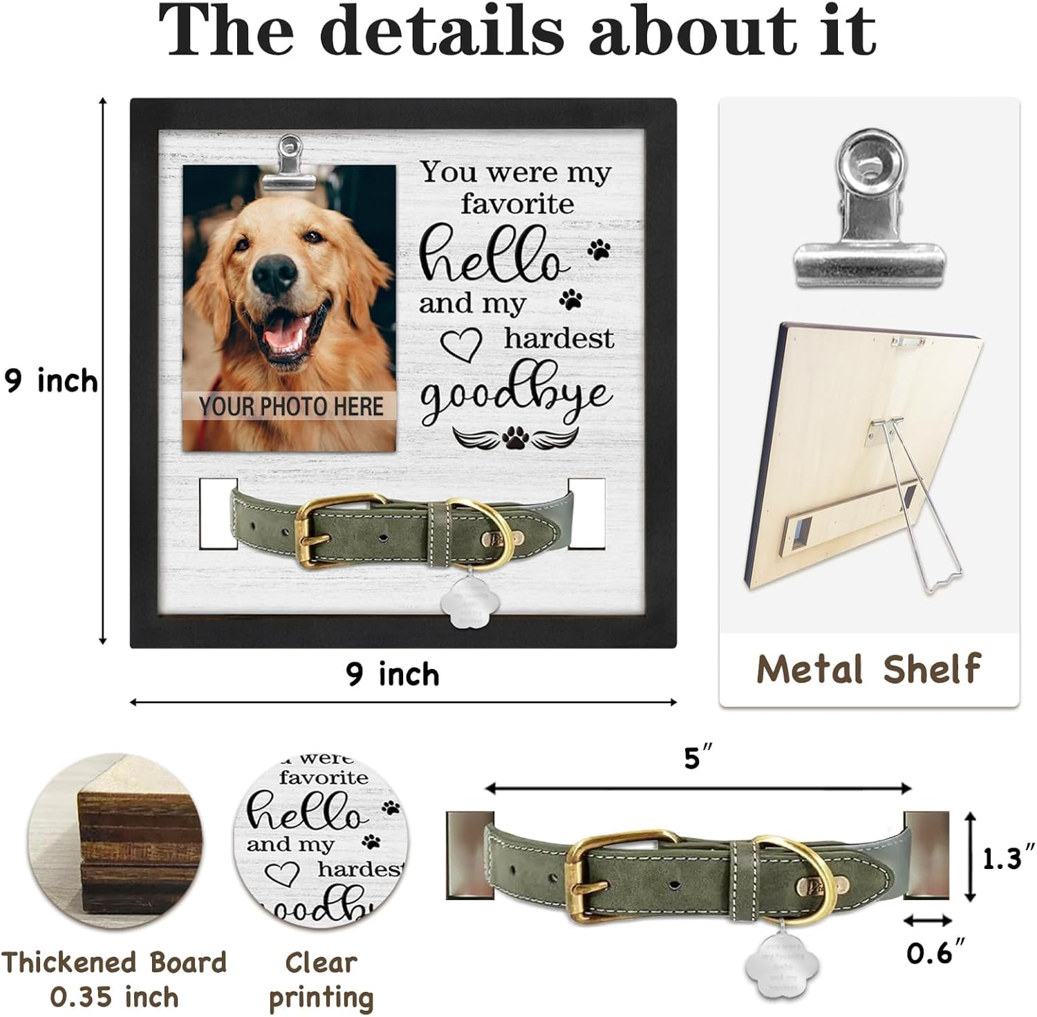 Cozioz Pet Memorial Keepsake, Sympathy Frame for Loss of Dog or Cat, Pet Remembrance Frame with Collar Holder, My Hardest Goodbye image number 3