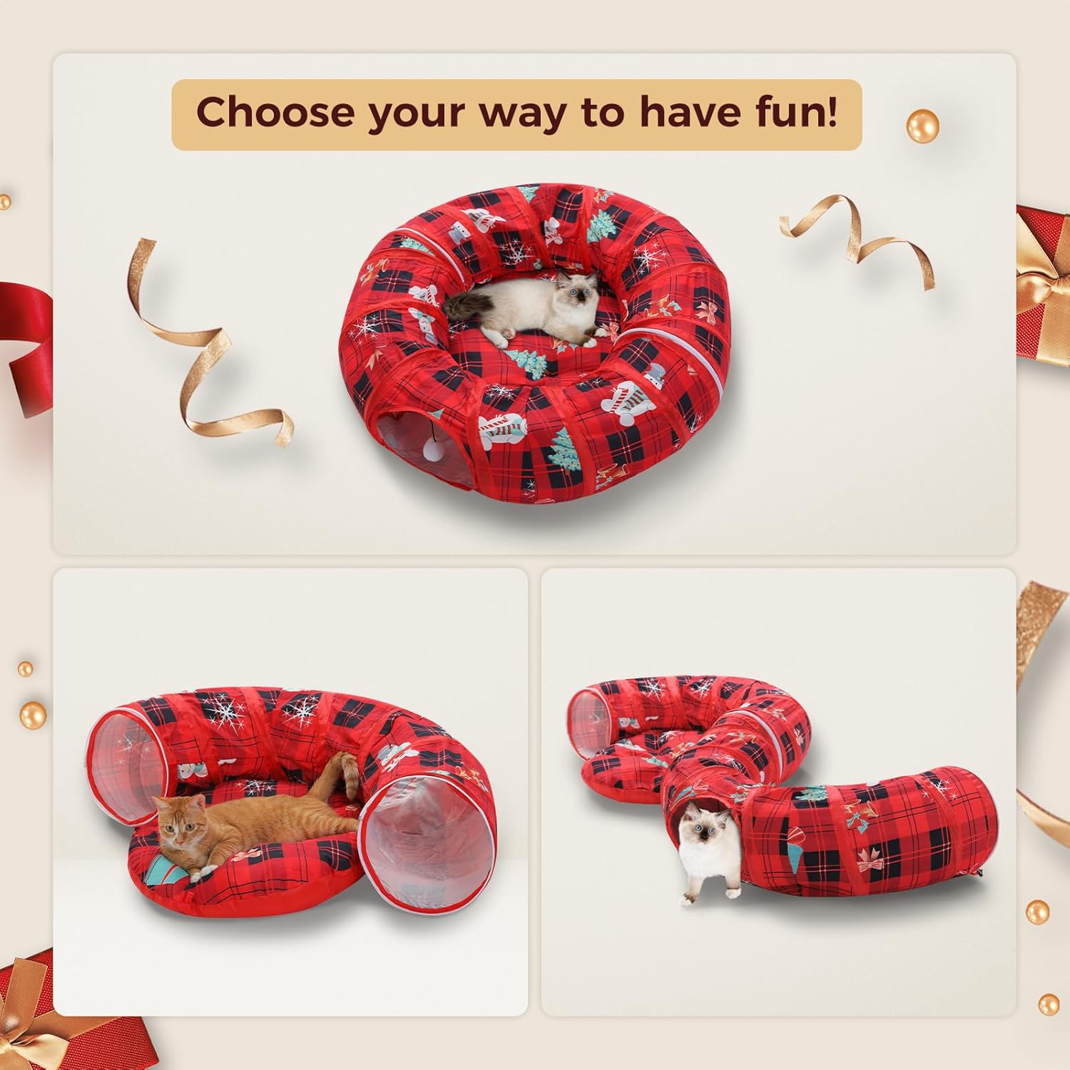 PAWZ Road Cat Tunnel for Indoor Cats, Bed with Central Mat, Peephole, Toy, Hanging Balls, Christmas Toy, Diameter 90 Cm, Red image number 3