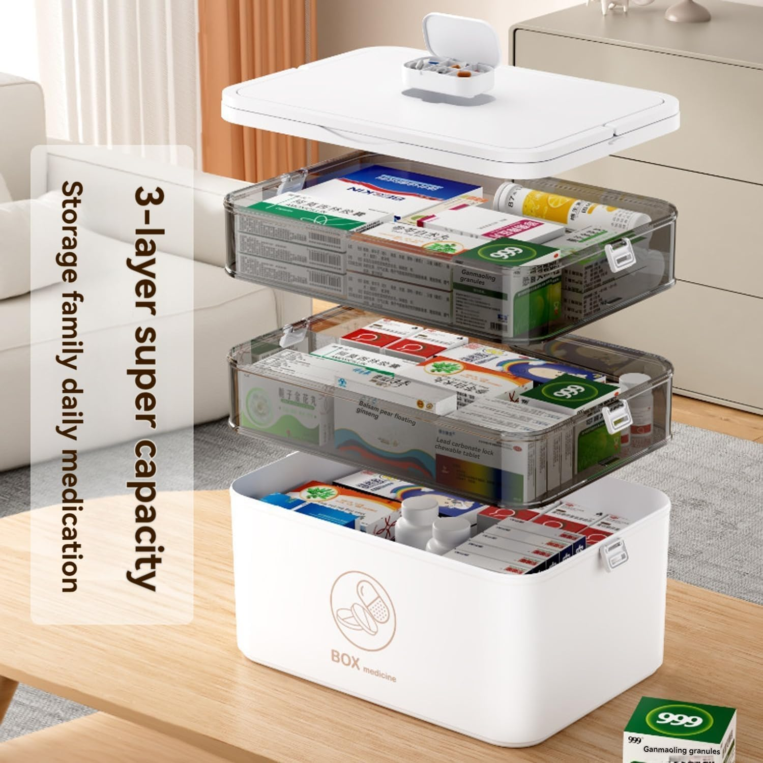 3-Tier Medicine Storage Box, Portable Medicine Cabinet, Portable First Aid Kit Container, Multipurpose Plastic Organizer with Handle for Home, Travel, Family Emergencies image number 6