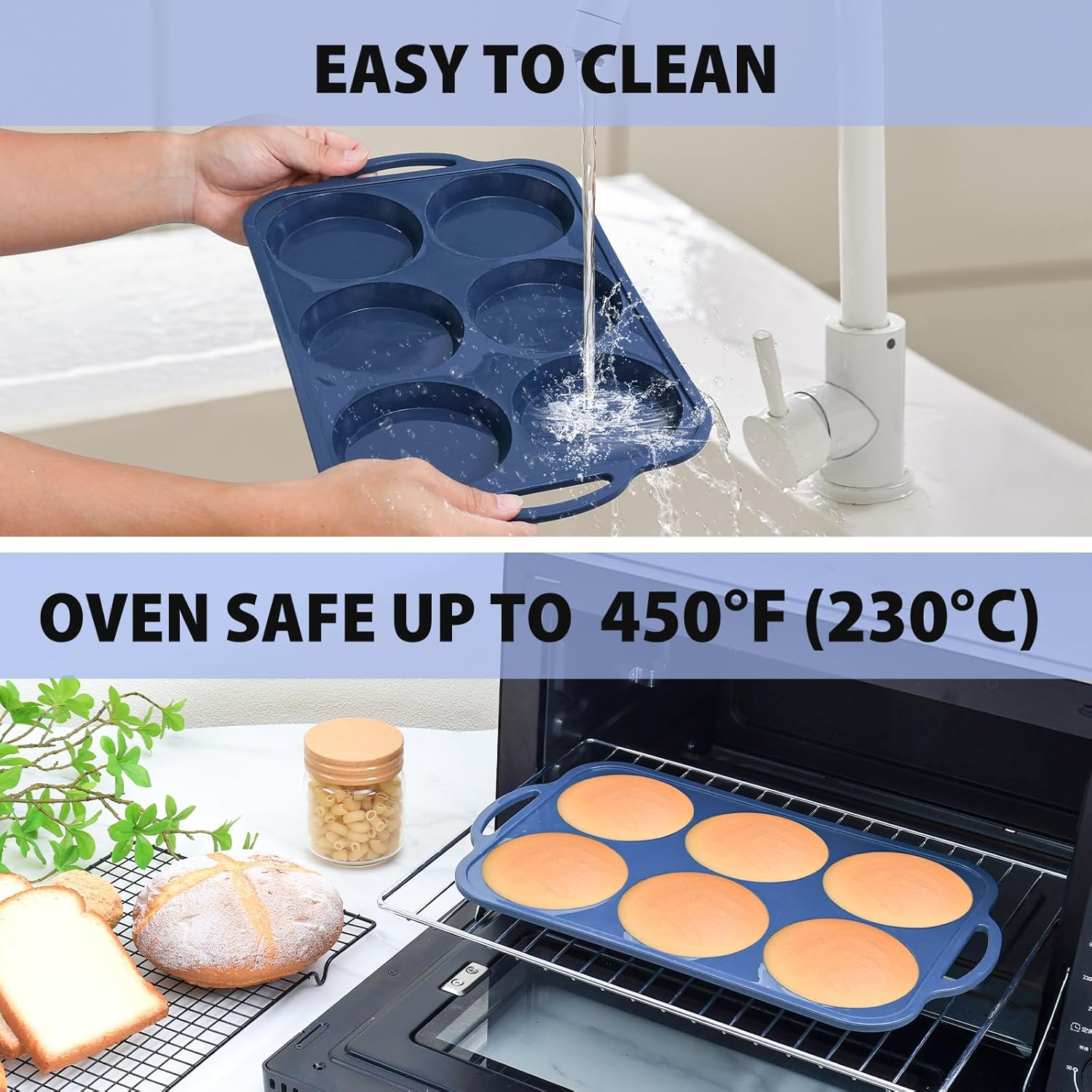 4 Inch Jumbo Silicone Muffin Top Pan with Metal Frame, Non Stick Silicone Egg Mold for Oven, Large Whoopie Pie Baking Pan for English Breakfast Sandwich, Egg Bite by Folksy Super Kitchen, Grey image number 3