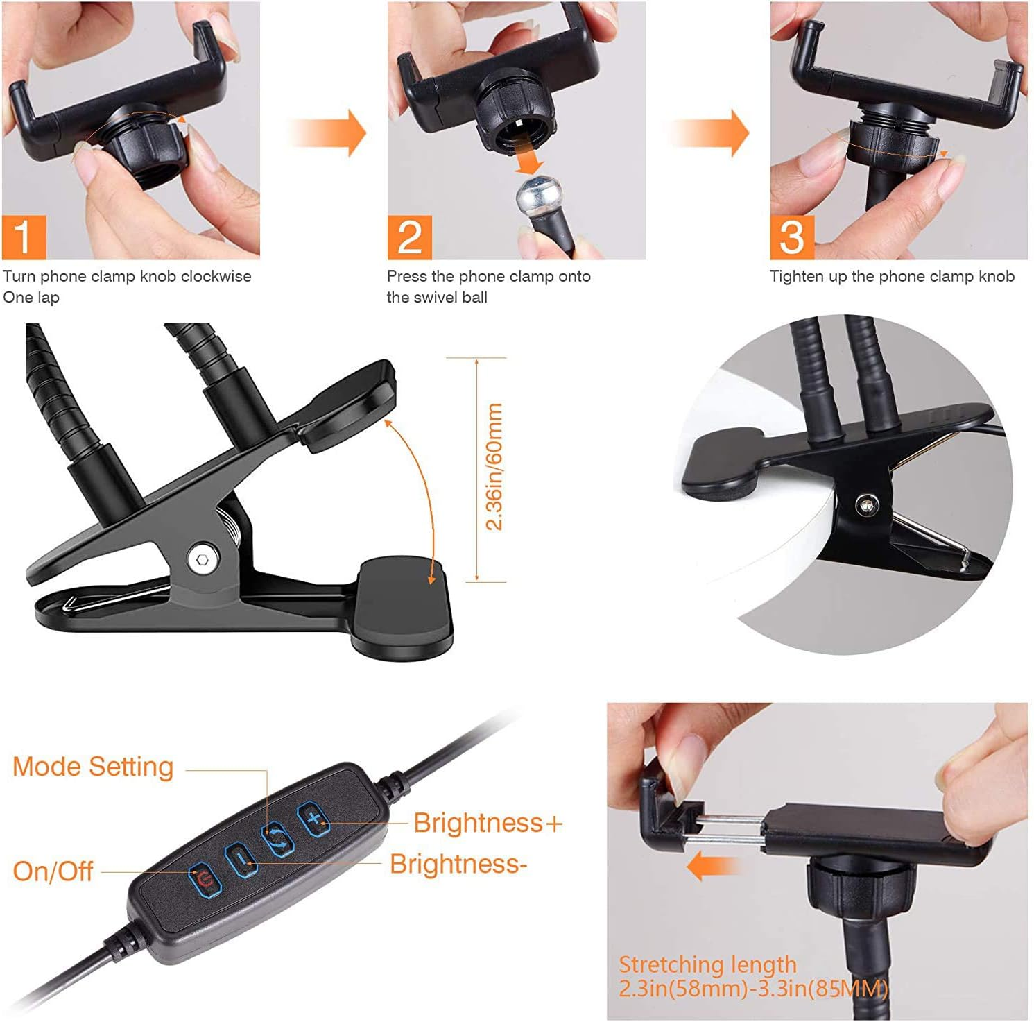 Selfie Ring Light with Gooseneck Stand & Phone Holder, 3 Color 10-Level Dimmable LED Desk Lamp with Clamp, Clip-On Lights with Flexible Arm for Selfie, Web Conference, Live-Streaming, Reading and More image number 2