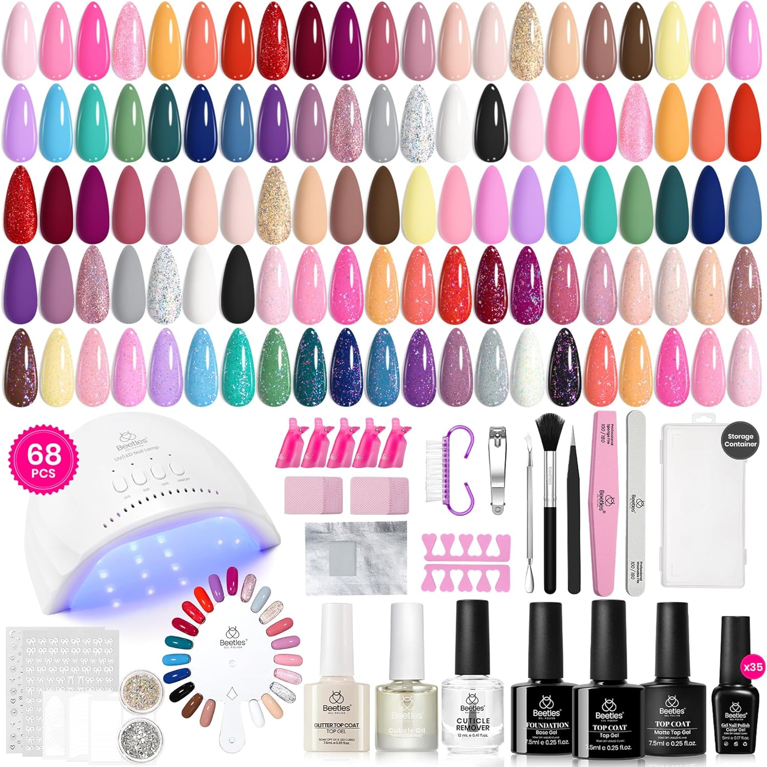 Beetles Gel Nail Polish Kit with U V Light - 68 Pcs Set 35 Colors Pink Glitter Nude Gray Gel Polish with Base and Matte&Glossy Top Coat Vivid Seasons Gel Nail Set Nail Art Manicure Tools Gifts image number 4