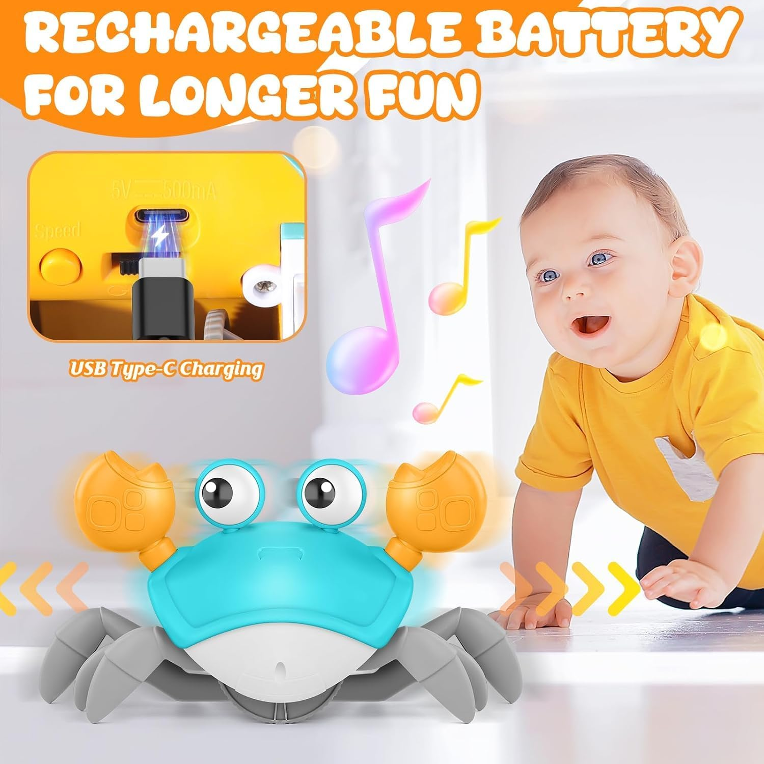 Crawling Crab Toy 2.0-2024 Baby Boy Tummy Time Walking Activity Crawly Crabby Sound&Speed Control Mute Rechargeable Infant Birthday Gift Easter Basket Stuffers image number 5