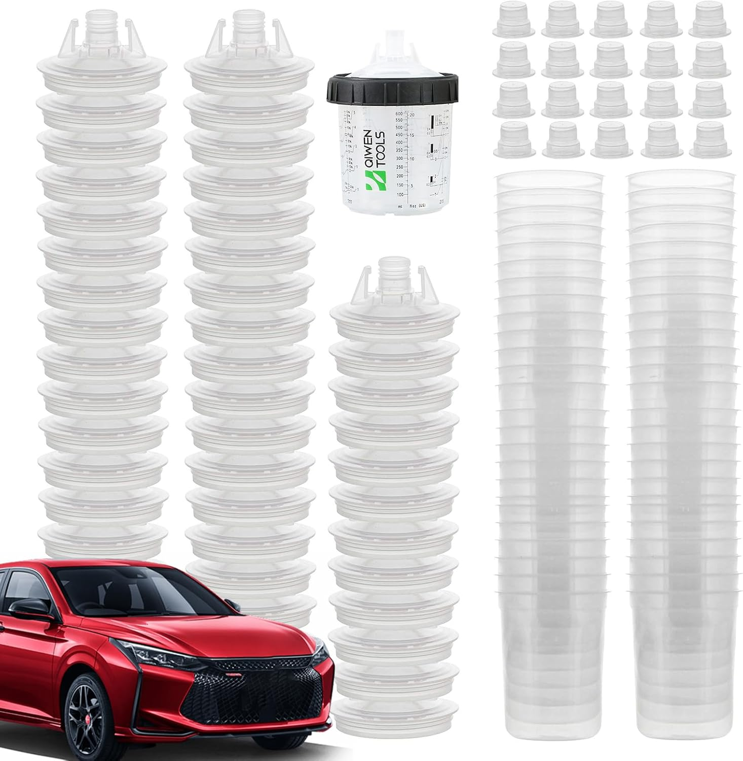 Disposables Paint Spray Guns Cups, Spray Paint System Mixing Kit for LVLP Sprays Guns, Includes 50 Inner Cups, 50 Lids, 20 Stoppers, 1 Outer Cup, 1 Black Fixing Ring image number 6