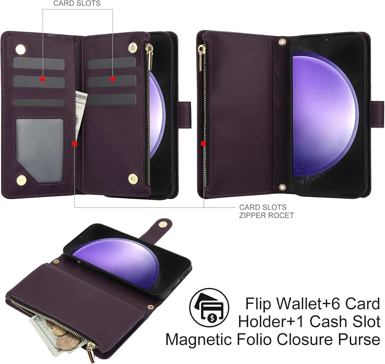Asuwish Mobile Phone Case for Samsung Galaxy S23 FE 5G Case with Strap Film Protective Film Card Slot Foldable Leather Wallet Stand S 23 S23FE 23FE Mobile Phone Cases Protective Mobile Phone Case Dark - Dark Purple image number 2