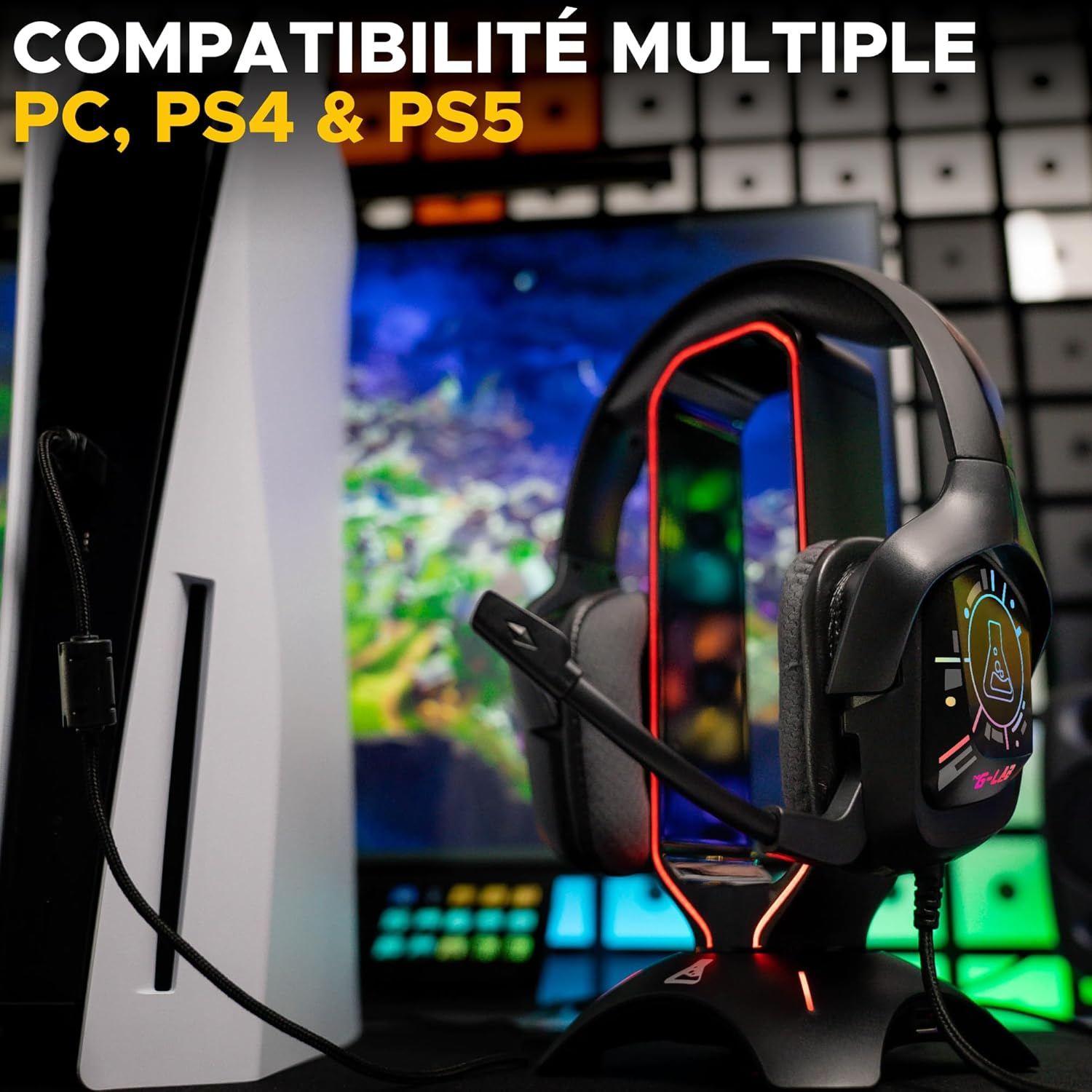 The G-Lab Korp Cobalt 7.1 EX - Gaming Headset 7.1 Surround Sound - Microphone Gamer Headphones Audio RGB Backlit Flexible Microphone Lightweight & Comfortable - Headphones PS5, PS4 image number 1