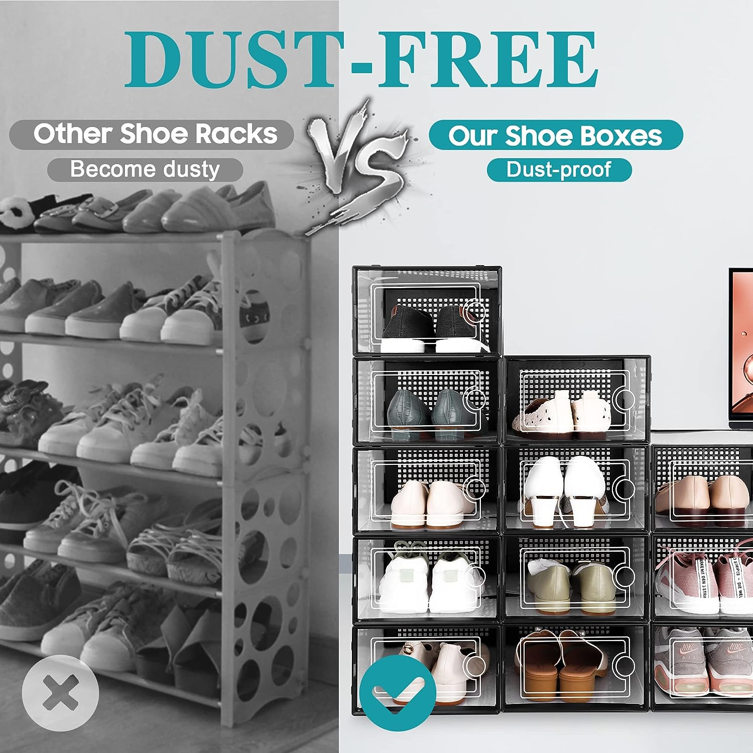 Kuject Large Shoe Organizers Storage Boxes for Closet, 12 Pack Clear Plastic Stackable Storage Bins with Lids, under Bed Shoe Containers for Entryway, Drop Front, Fit up to Women'S Size 10,Black image number 6