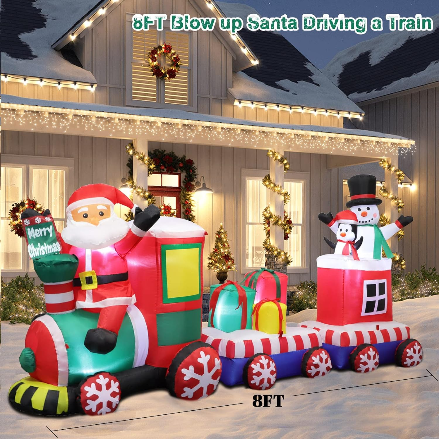 8 FT Christmas Inflatable Train with Santa Claus, Snowman, Penguin, Gift Boxes, Blow up Yard Decorations with Built-In Lights, Lovely Xmas Train Carriage for Holiday Display Lawn Garden Party Decor image number 2