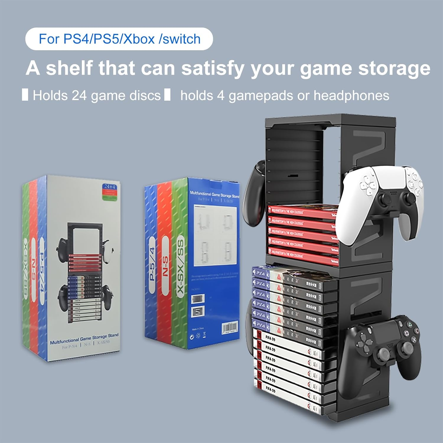 HONCAM Video Game Storage Tower for PS5 PS4 Xbox Nintendo Switch Games, Universal Video Games Discs Organizers 24 PCS with 4 Controllers Holder, Game Disk Box Stand Rack Accessories image number 1