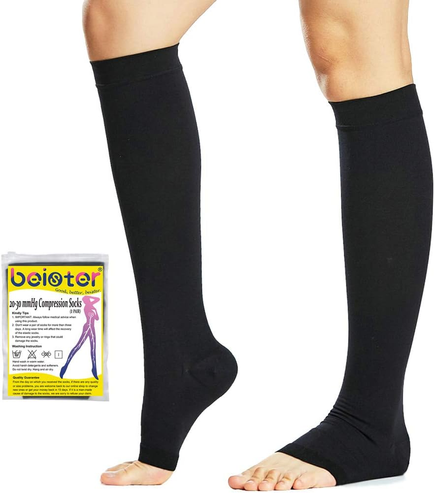 Beister Medical Open Toe Knee High Calf Compression Socks for Women & Men, Firm 20-30 Mmhg Graduated Support Hosiery for Varicose Veins, Edema, Flight, Pregnancy （A Pair）
