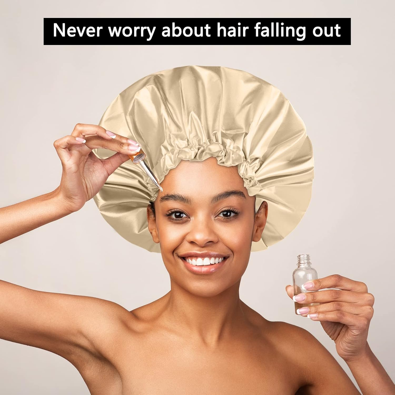 Shower Cap, Large Adjustable & Reusable, Double-Layer for Dreadlocks, Waterproof Bath Cap for Women, Girls, Braids, SPA, Long Hair (Khaki) - Khaki image number 5