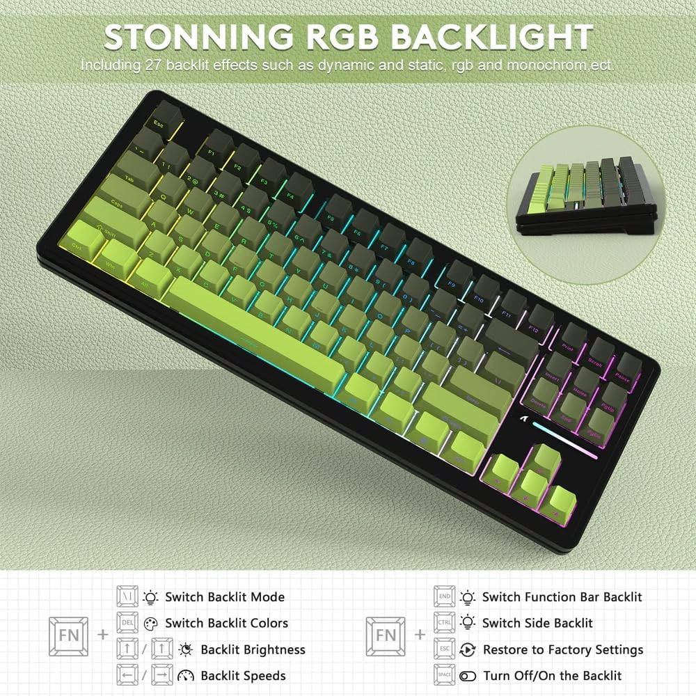 Attack Shark M87PRO TKL Wireless Mechanical Gaming Keyboard, BT 5.0/2.4G/USB-C Wired Hot Swap RGB Keyboard 80% US Layout, Linear White Switches Gradient Side Print PBT Keycaps for PC Mac - Matcha