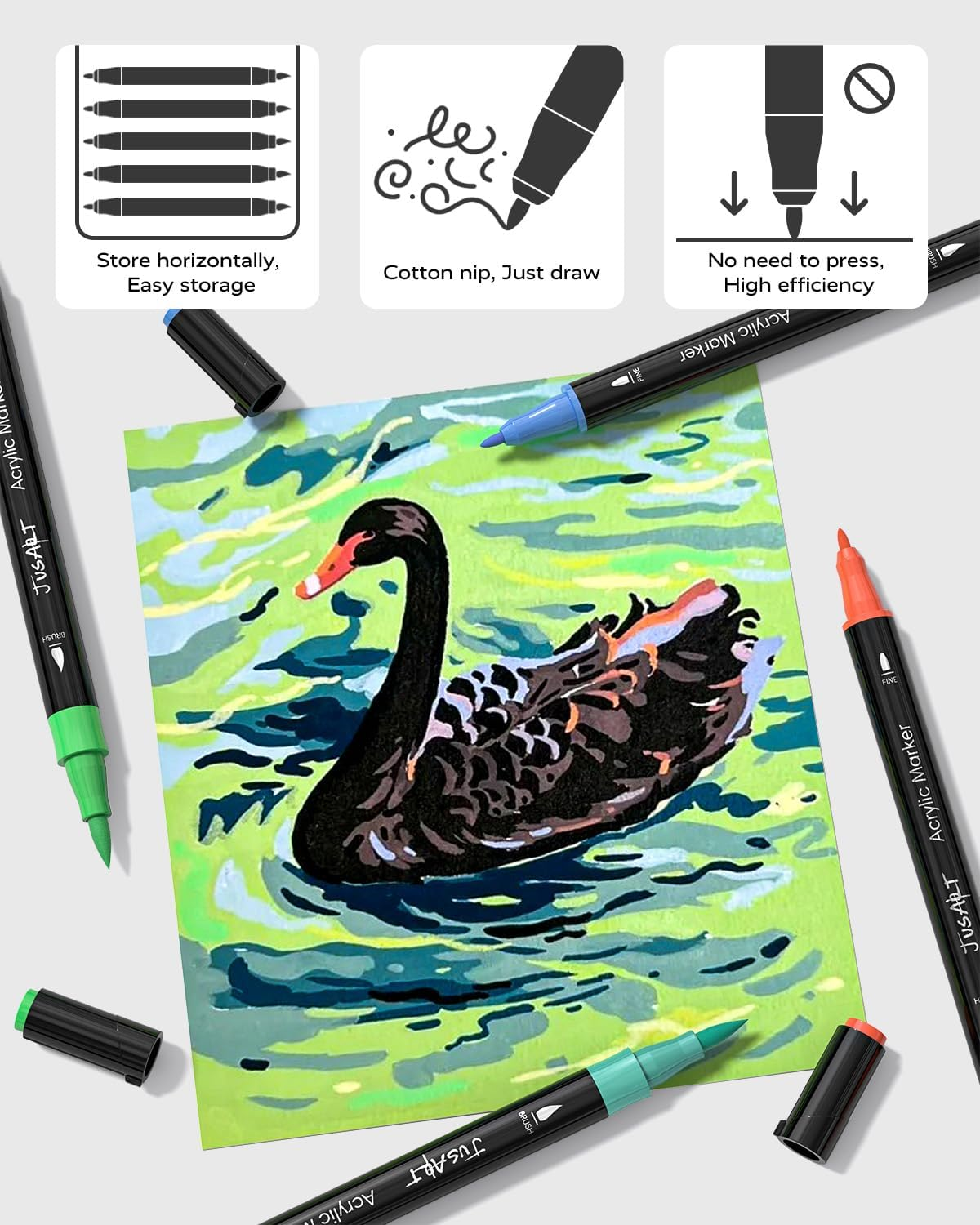 Jusart 48 Colors Dual Tip Acrylic Paint Pens Markers, Brush and Fine Tip, Premium Paint Pens for Wood, Canvas, Egg, Stone, Fabric, Rocks, Metal, Glass, Ceramic, DIY Crafts Making Art Supplies Gifts - 48 Colors image number 3