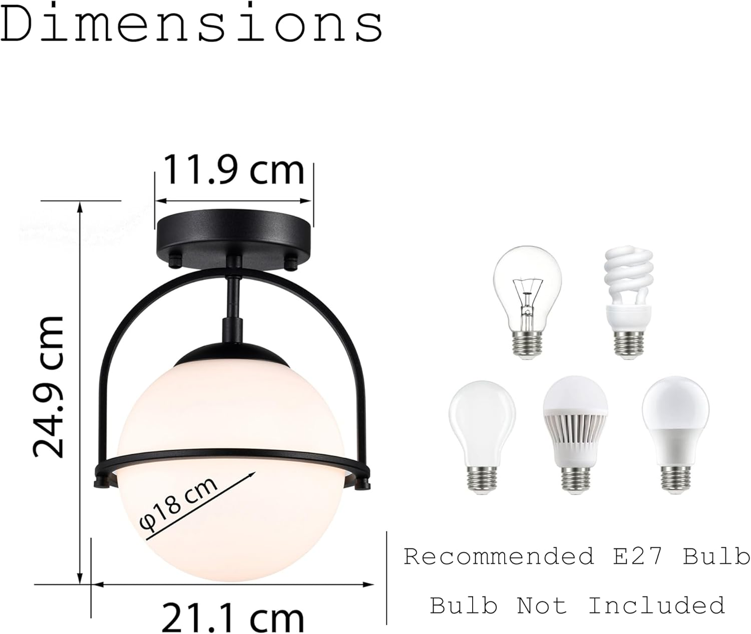 Black Ceiling Lights 18Cm Frosted Glass Globe Mid Century Semi Flush Mount Modern Ceiling Light Fixtures for Bedroom Hallway Entryway Bathroom E27 220V image number 6