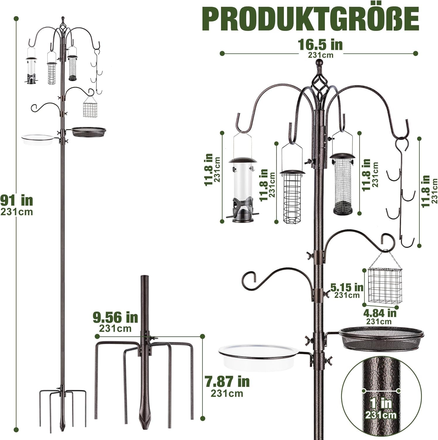 Urban Deco Wild Bird Feeding Station Kit Heavy Duty Bird Feeder Pole Hanging Kit Hanger Multi Feeder Hanging with Metal Suet Feeder Bird Bath for Attracting Wild Birds image number 4