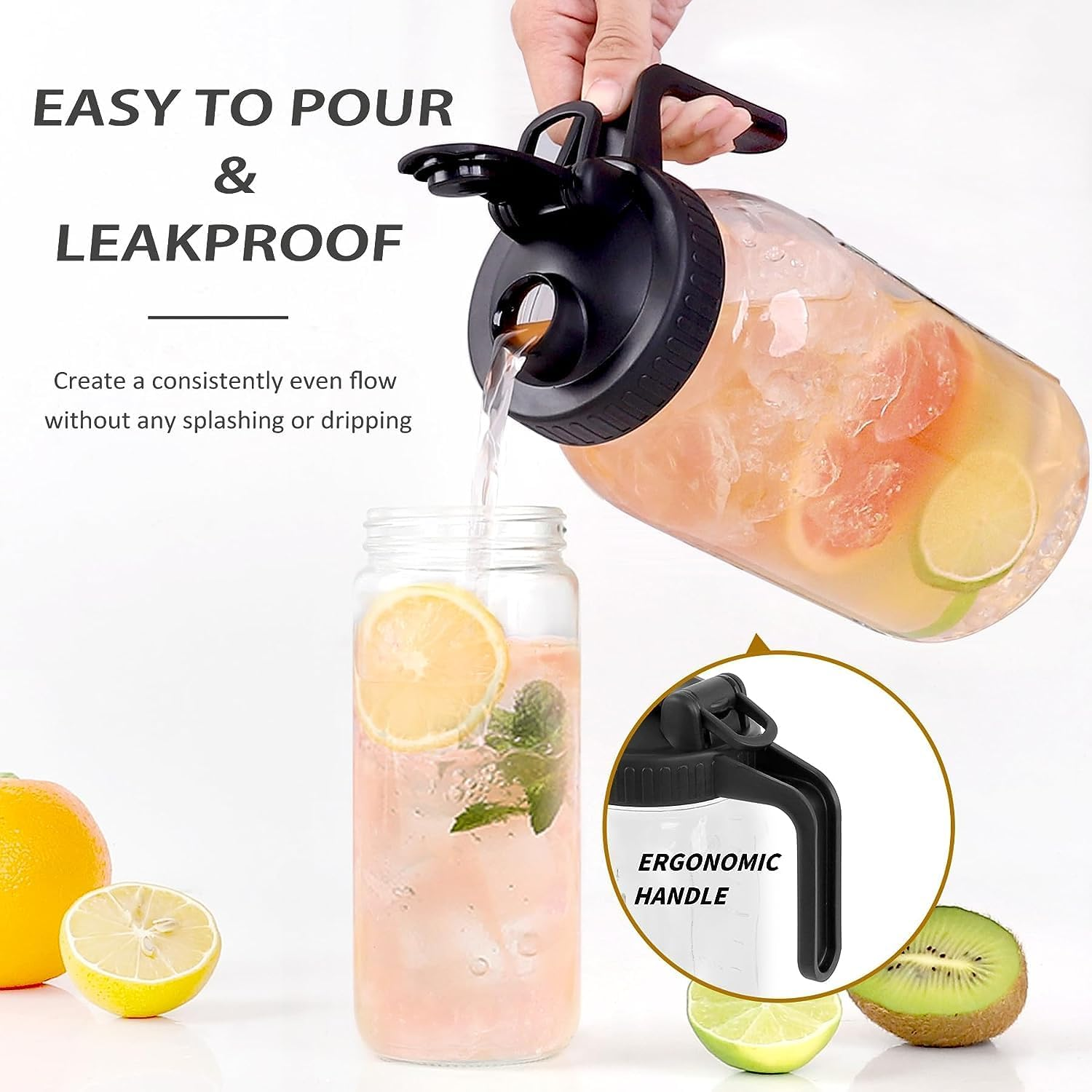 64Oz Wide Mouth Mason Jars Glass Pitcher, 2 Quart Mason Jar Pitcher with Spout, Leak-Proof Jug with Lid, Sun Tea Pitchers for outside Iced Tea, Water, Coffee, Juice, Milk and Drinks (64Oz Black) image number 5