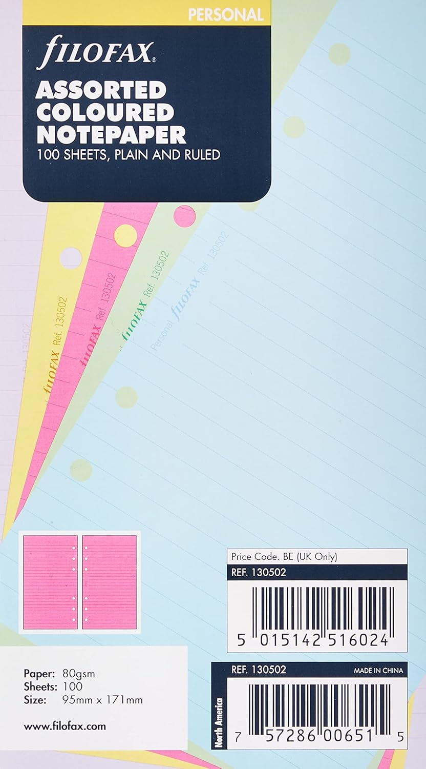 Filofax 130502 Personal Assorted Coloured Notepaper Plain and Ruled Value Pack 100 Sheets (95Mm X 171Mm) image number 2