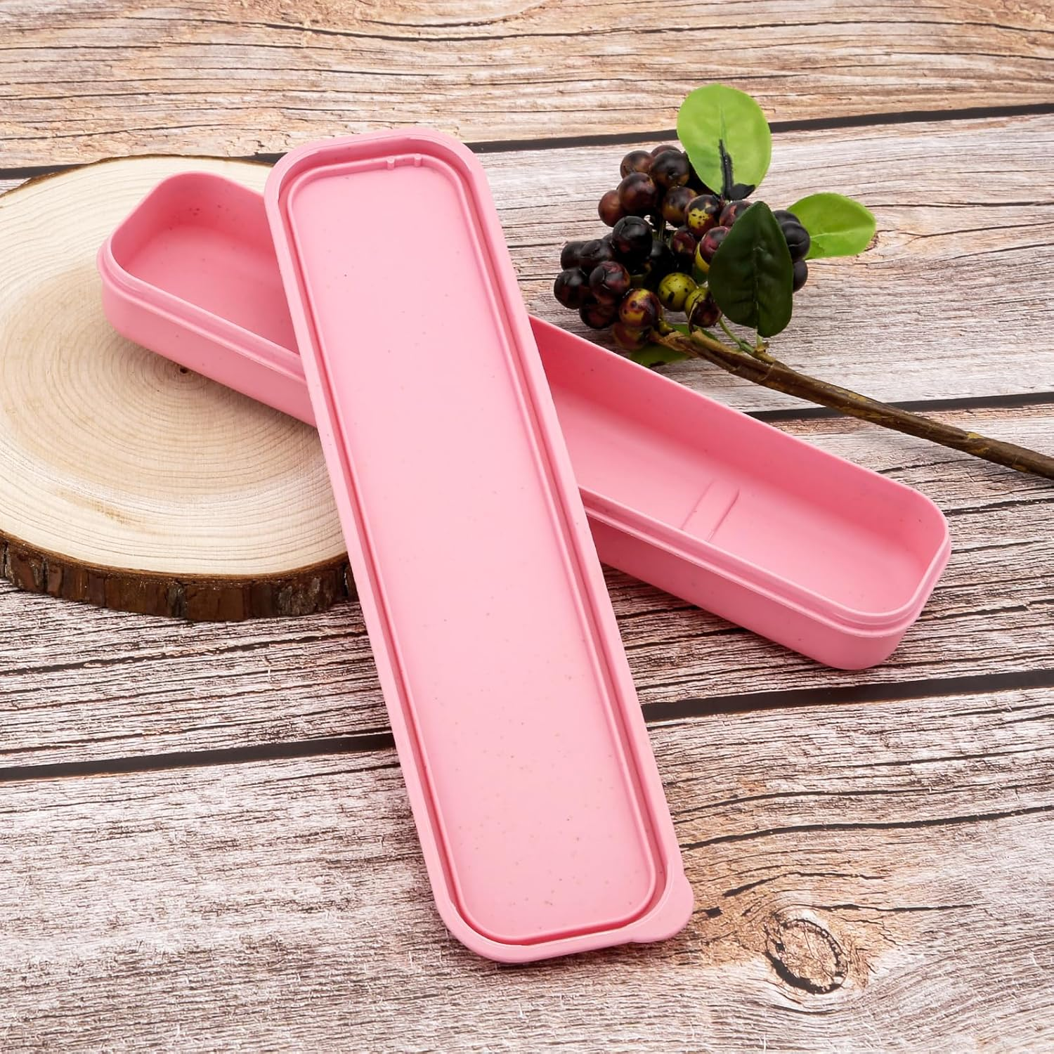 Origlam 1Pcs Reusable Utensils Wheat Straw Travel Cutlery Box, Portable Tableware Flatware Box for Picnic Camping (Pink) - Beige image number 5