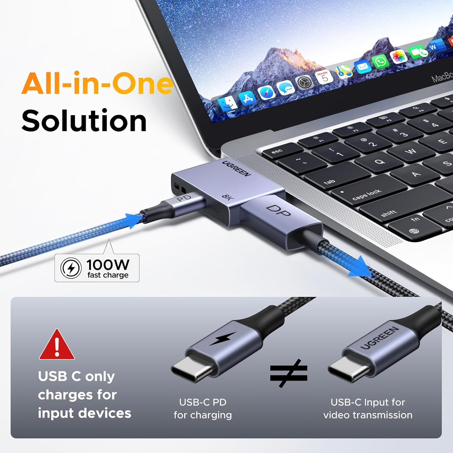 UGREEN USB C to Displayport Adapter 100W PD Charger 8K@60Hz 4K@240/144/120Hz Type C Thunderbolt 3/4/5 DP 1.4 HDR VRR Free-Sync Compatible for Macbook Imac Mac Mini Ipad Pro XPS Iphone 17 Galaxy S25 image number 3
