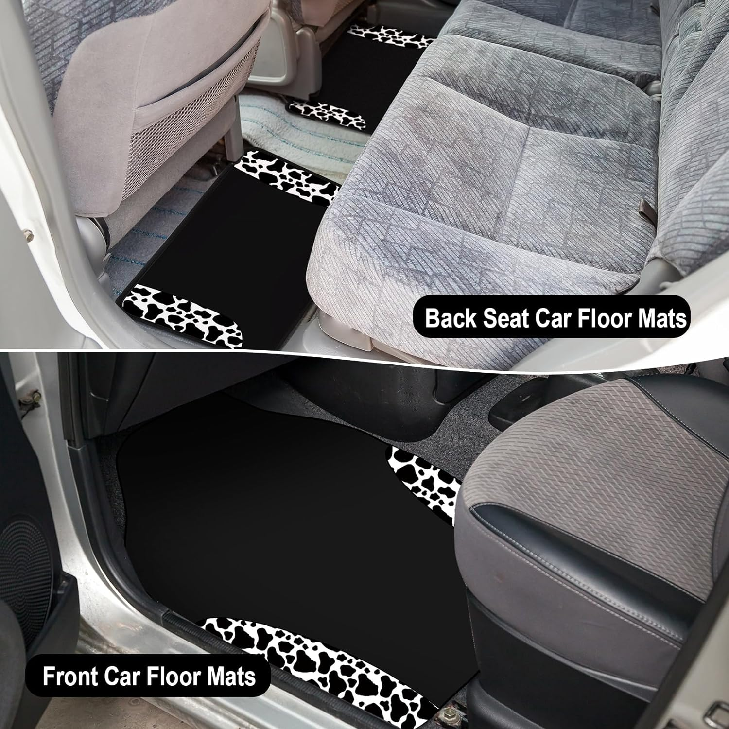 BBTO 26 Pcs Cow Print Car Accessories Cow Print Seat Covers Set Steering Wheel Cup Holders Foot Armrest Pads License Plate Seat Belt Mirror Handbrake Gear Cover Keyring for Truck SUV image number 4