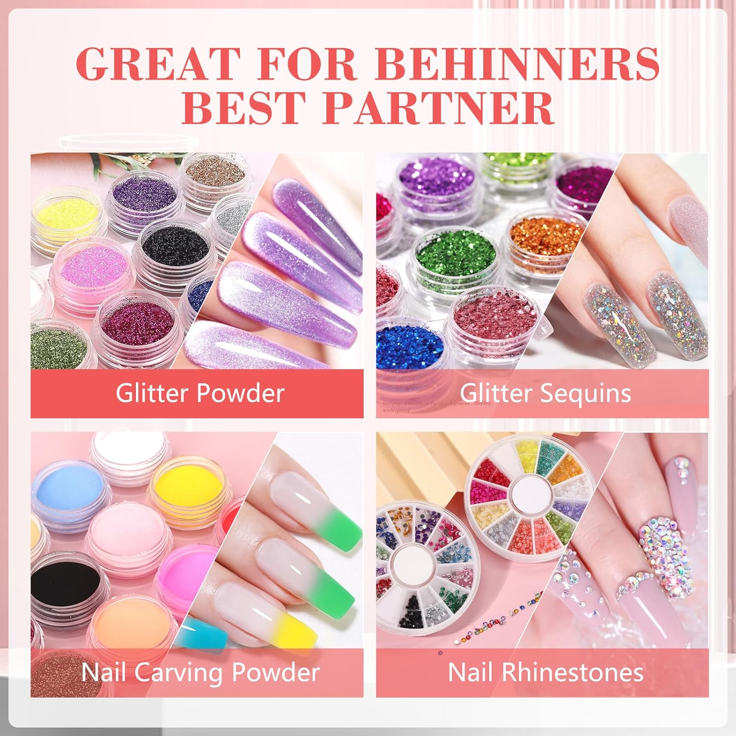 Professional Acrylic Nail Kit - Practice Hand Set with Powder, Brush, DIY Starter Kit for Beginners with Tips, Glue, and Glitter