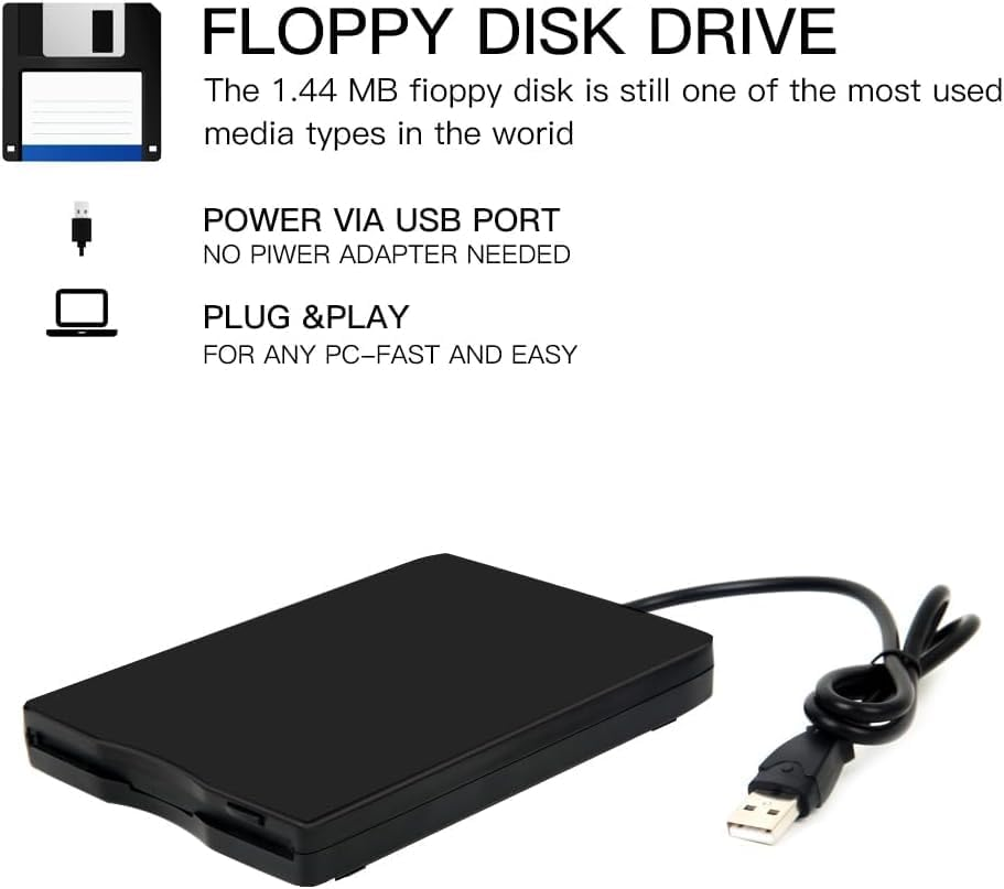 Ruaizel USB External Floppy Drive, 3.5In Portable 1.44 MB 720BKB FDD Floppy Disk Drive with USB Interface for Windows XP/7/8/10/98/2000/ME/SE/VISTA (Black) image number 1
